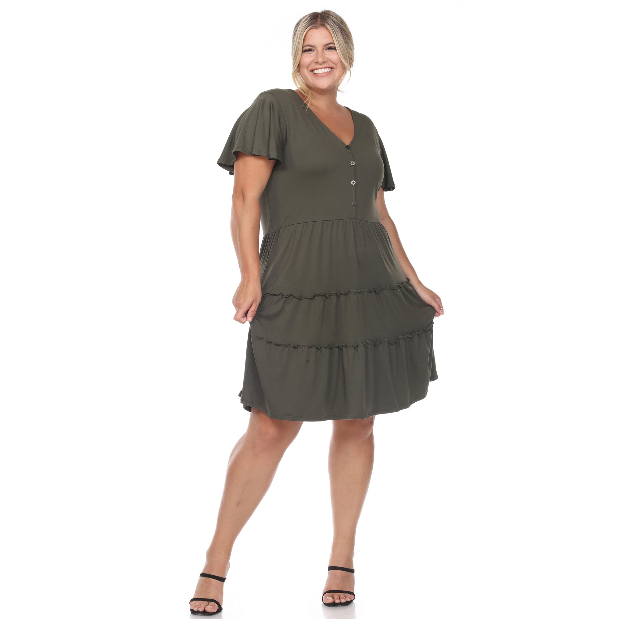 Short Sleeve V-neck Tiered Midi Dress - Plus - DressbarnDresses