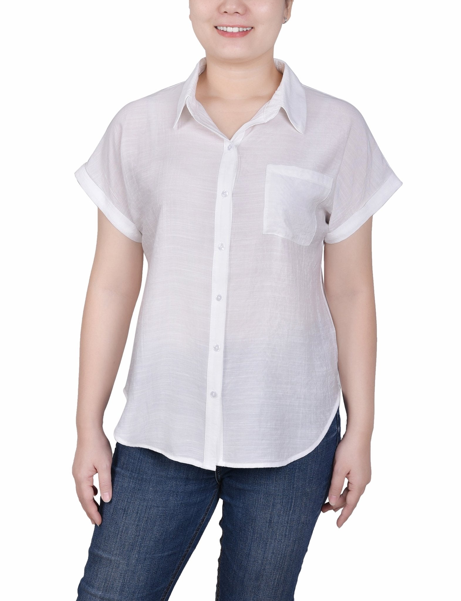Short Sleeve Woven Front/Jersey Back Blouse - Petite - DressbarnShirts & Blouses