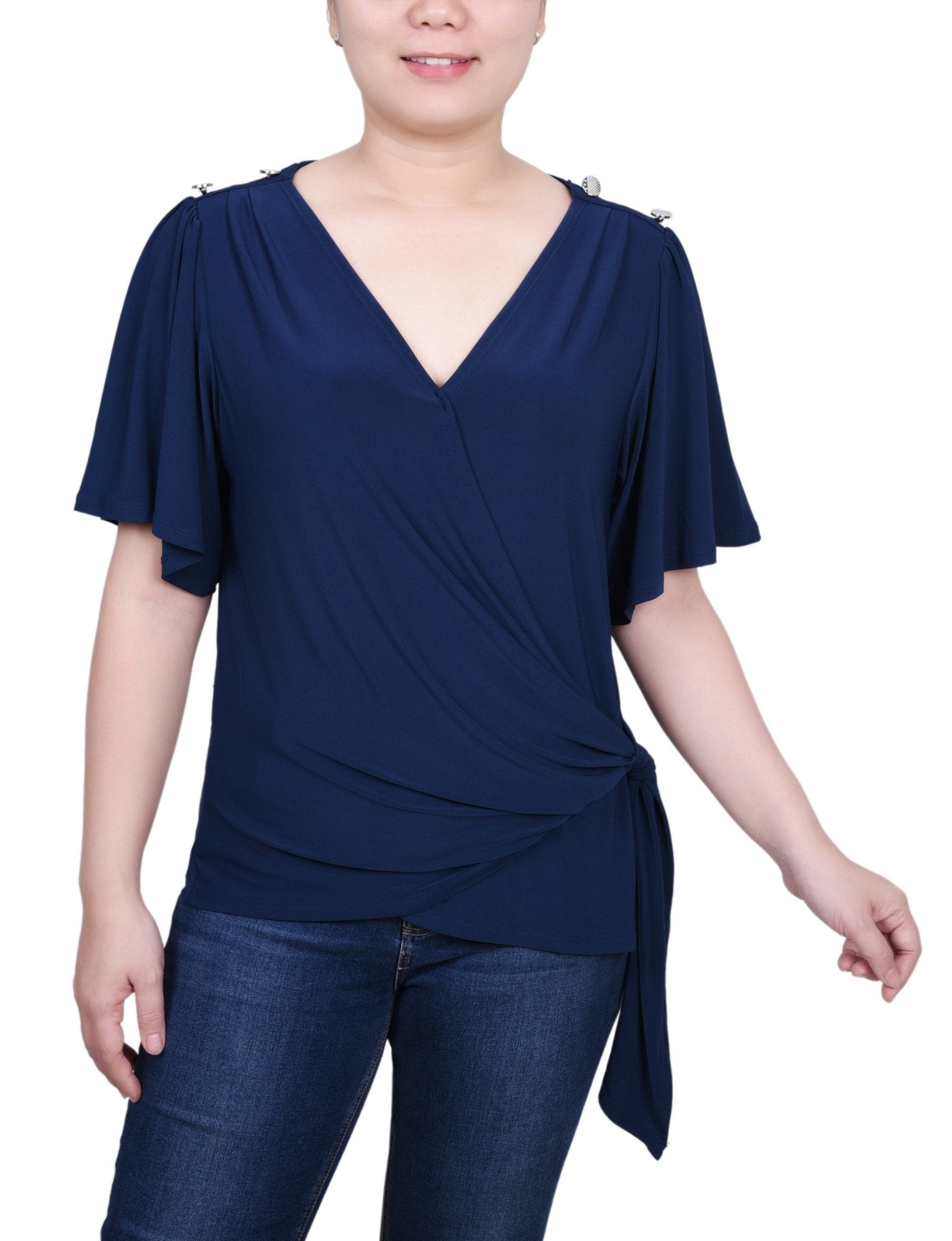 Short Sleeve Wrap Top - Petite - DressbarnShirts & Blouses