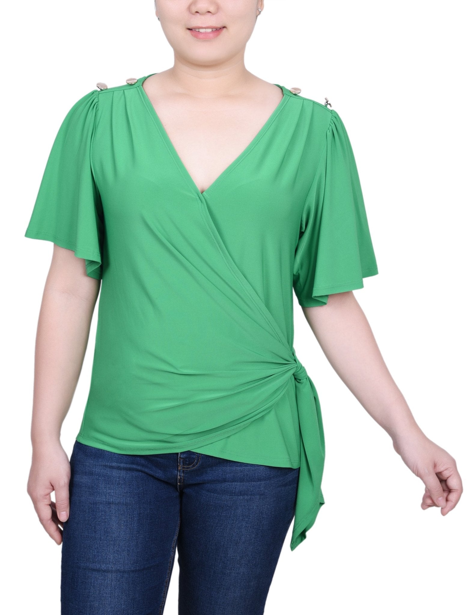 Short Sleeve Wrap Top - Petite - DressbarnShirts & Blouses