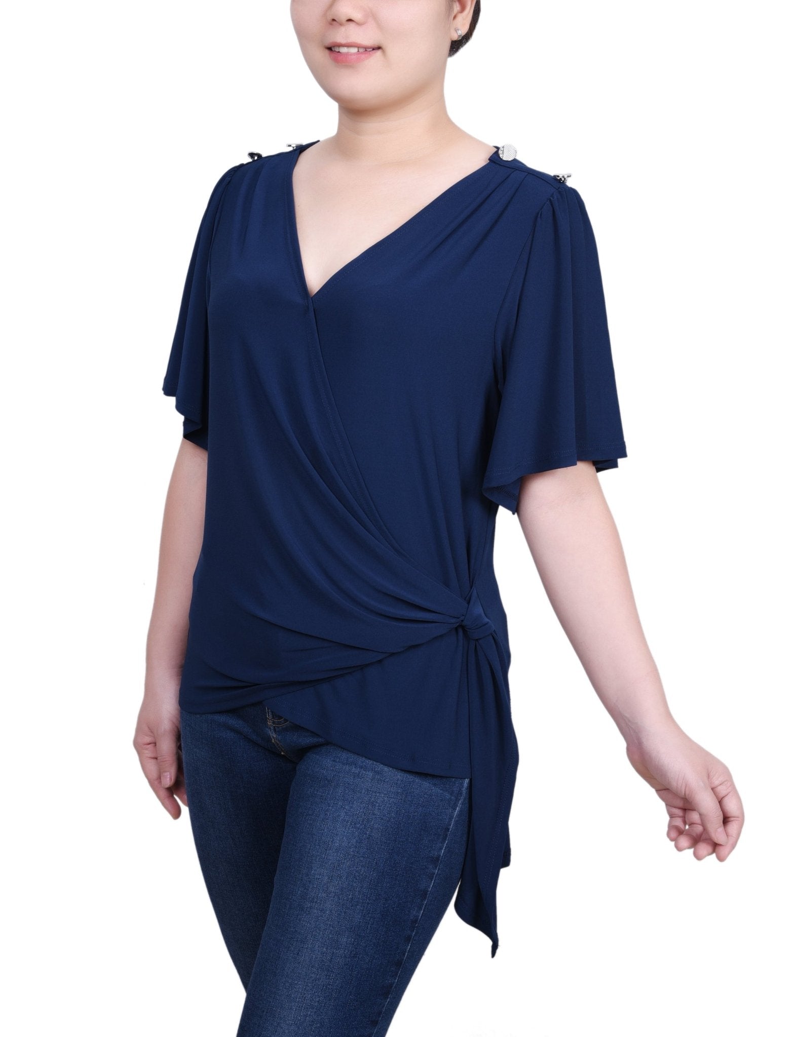 Short Sleeve Wrap Top - Petite - DressbarnShirts & Blouses