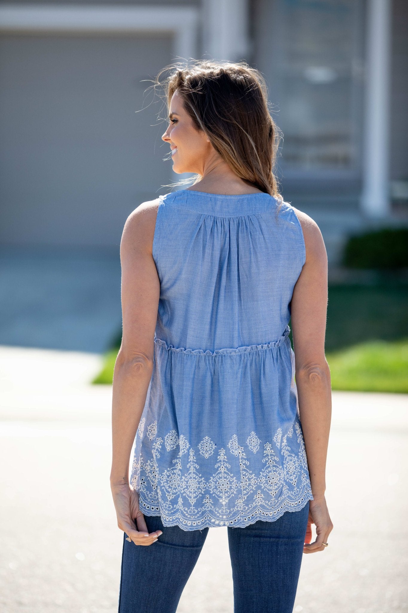 Sleeveless Embroidered Lace Up Blouse - DressbarnShirts & Blouses
