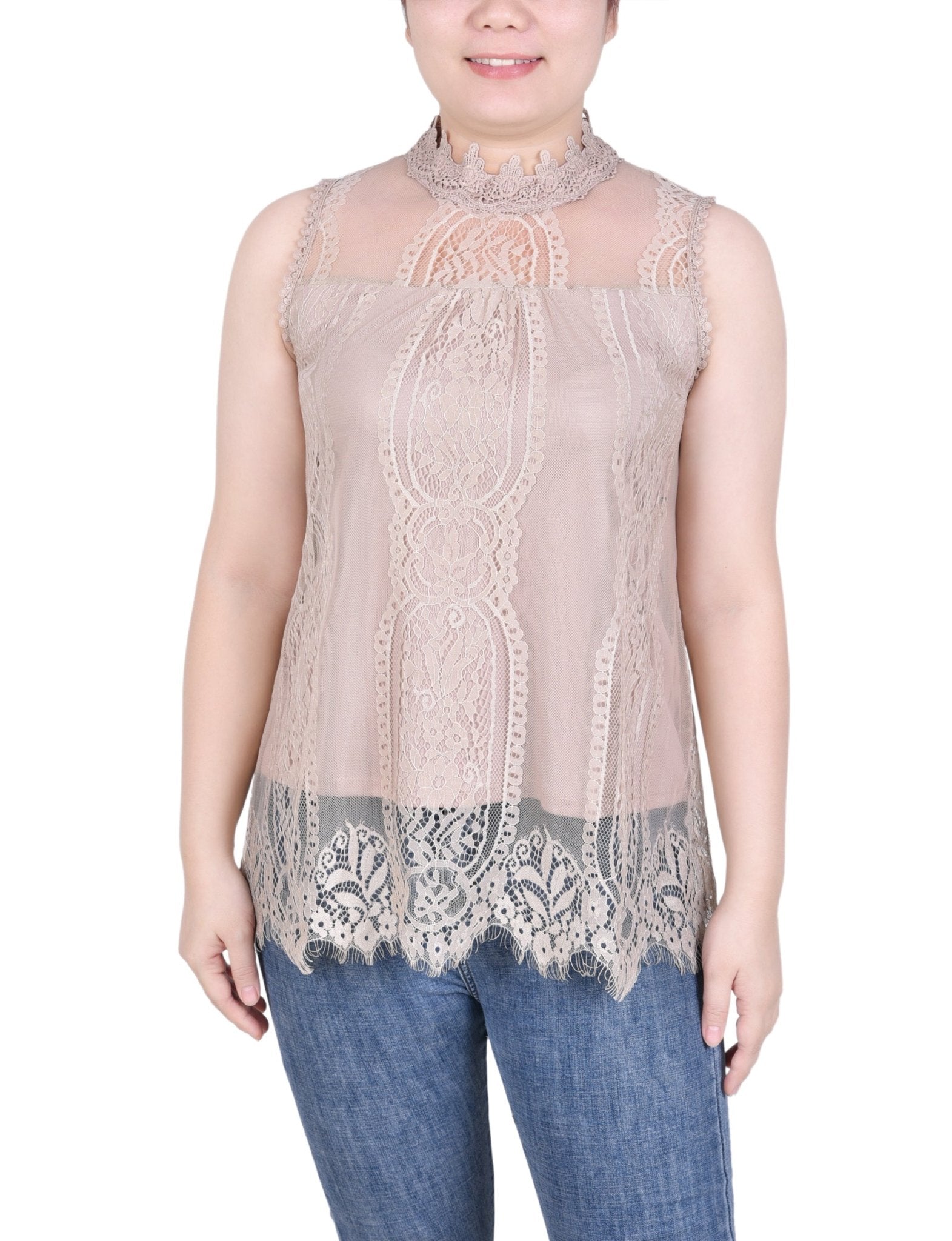 Sleeveless Mock Neck Lace Top - Petite - DressbarnShirts & Blouses