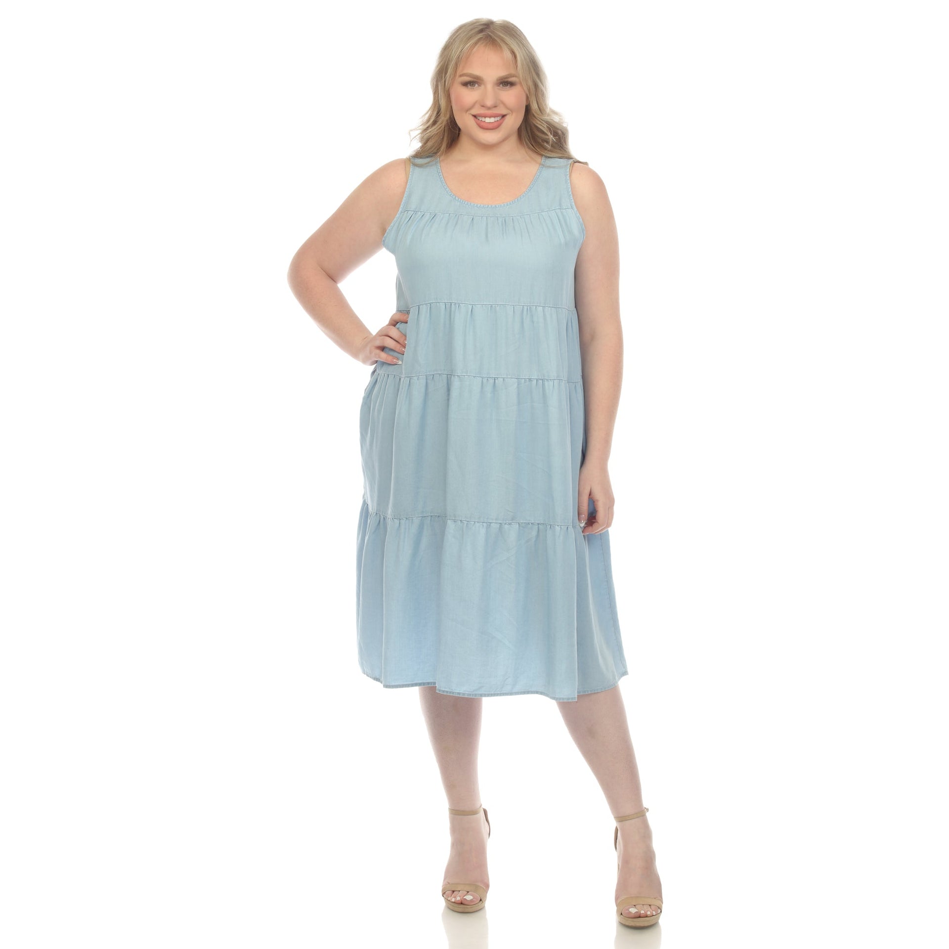 Sleeveless Tiered Chambray Midi Dress - Plus Dressbarn Sleeveless Tiered Chambray Midi Dress - Plus Dressbarn