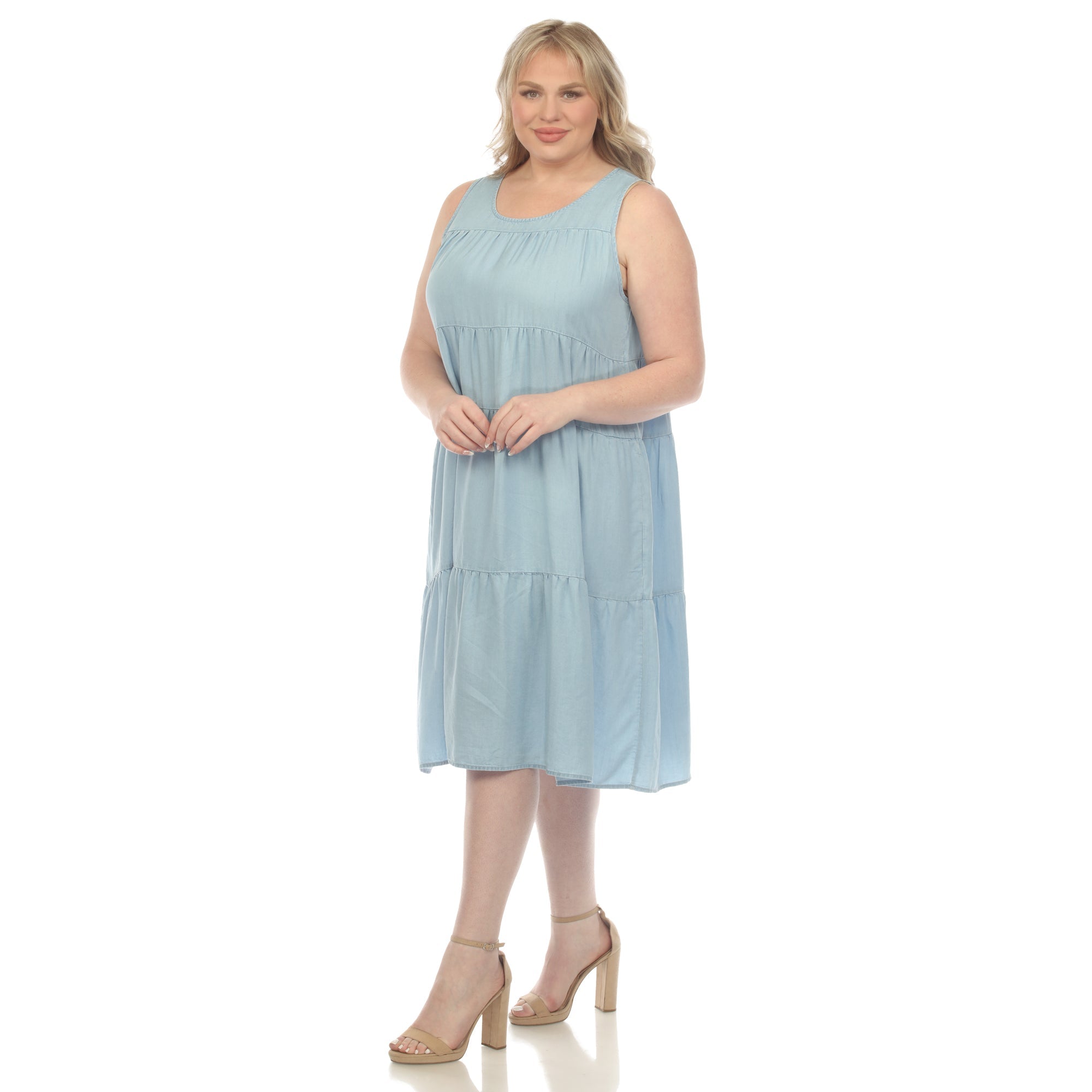 Sleeveless Tiered Chambray Midi Dress - Plus - DressbarnDresses