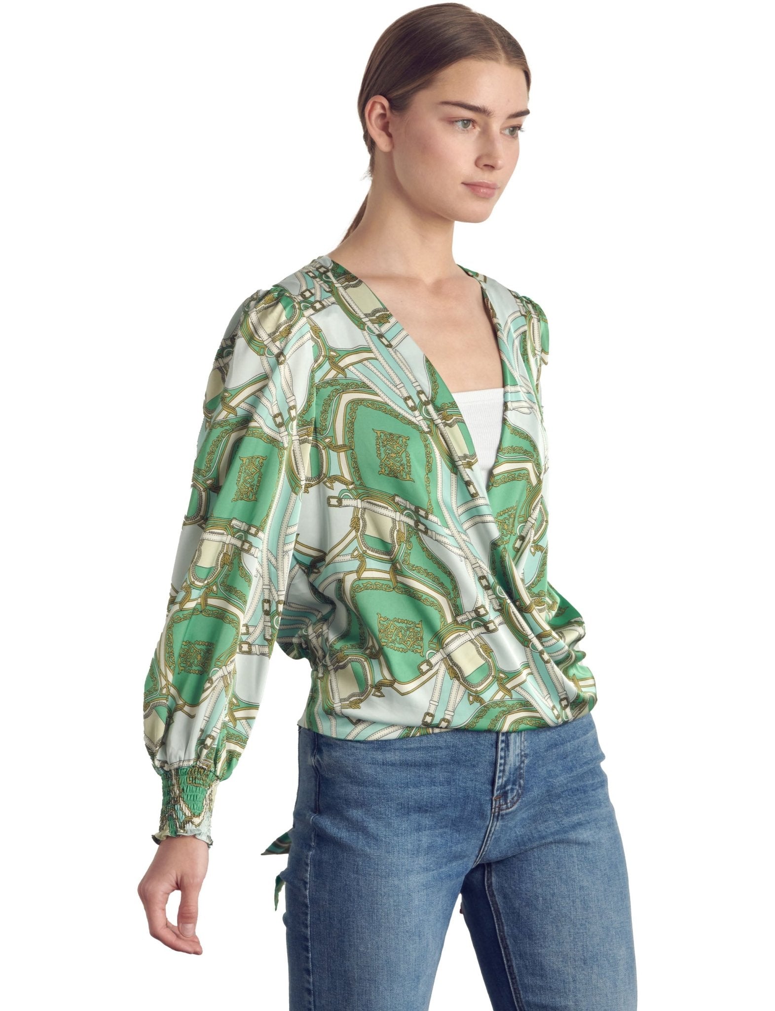 Smocked long sleeve satin blouse - DressbarnShirts & Blouses