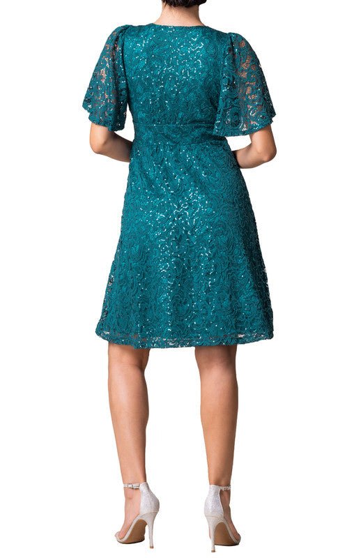 Kiyonna Women's Starry Sequin Lace V-Neck Cocktail Dress with Pockets - Teal Topaz Kiyonna Women's Starry Sequin Lace V-Neck Cocktail Dress with Pockets - Teal Topaz
