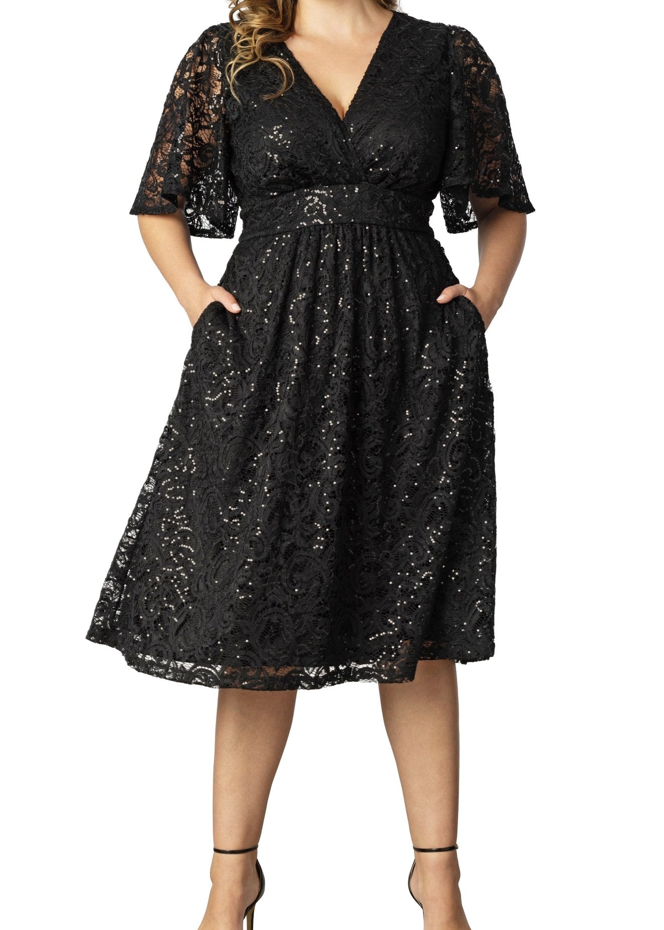 Kiyonna Plus Size Starry Sequin Lace Cocktail Dress - Onyx - 0X Kiyonna Plus Size Starry Sequin Lace Cocktail Dress - Onyx - 0X