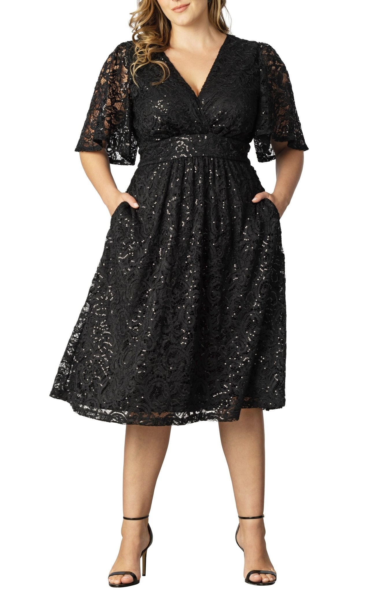 Kiyonna Plus Size Starry Sequin Lace Cocktail Dress - Onyx - 0X Kiyonna Plus Size Starry Sequin Lace Cocktail Dress - Onyx - 0X