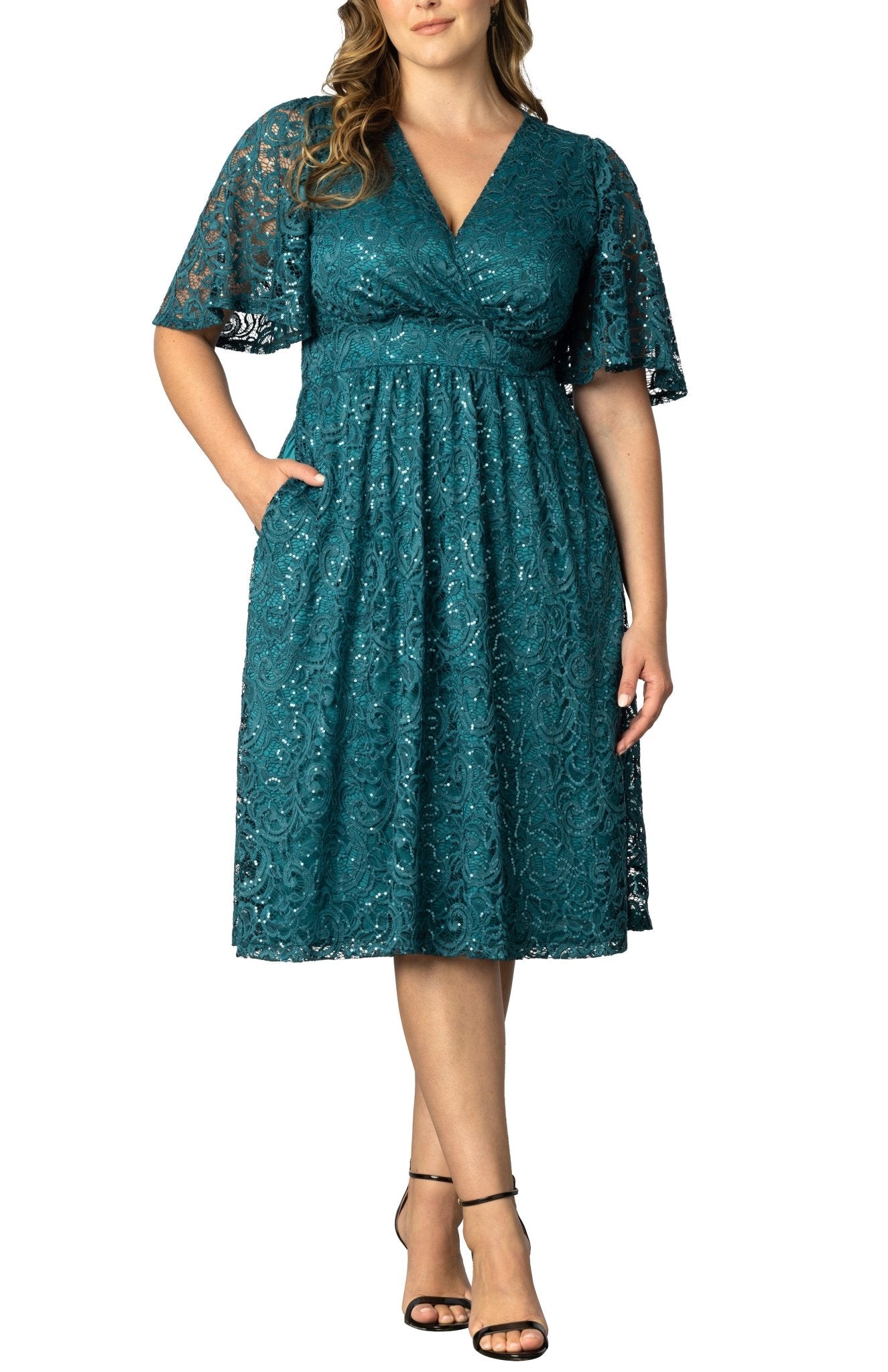 Kiyonna Plus Size Starry Sequin Lace Cocktail Dress - Onyx - 0X Kiyonna Plus Size Starry Sequin Lace Cocktail Dress - Onyx - 0X