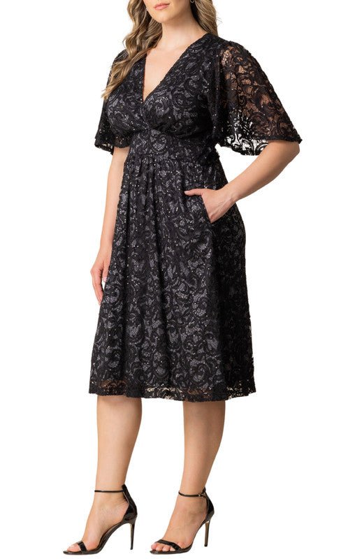 Kiyonna Plus Size Starry Sequin Lace Cocktail Dress - Onyx - 0X Kiyonna Plus Size Starry Sequin Lace Cocktail Dress - Onyx - 0X