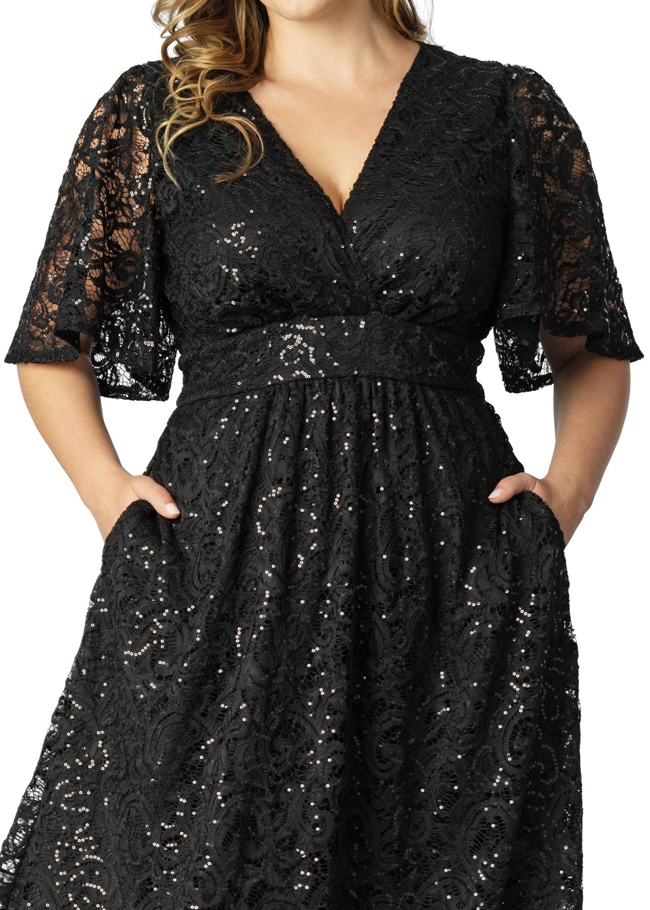 Kiyonna Plus Size Starry Sequin Lace Cocktail Dress - Onyx - 0X Kiyonna Plus Size Starry Sequin Lace Cocktail Dress - Onyx - 0X