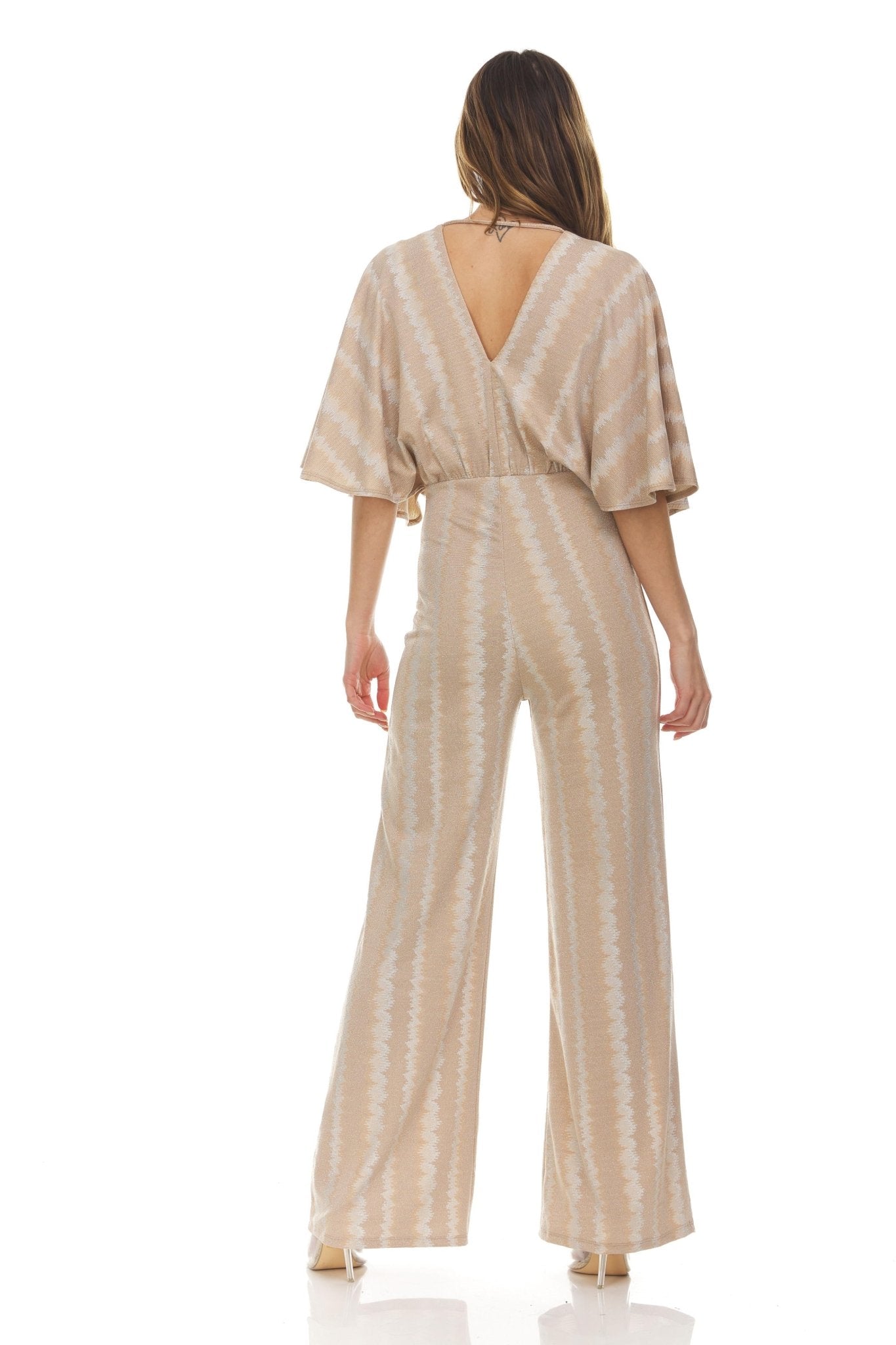 Stripped Lurex With Wide Sleeves And Flared Pant Leg Jumpsuit - DressbarnJumpsuits & Rompers