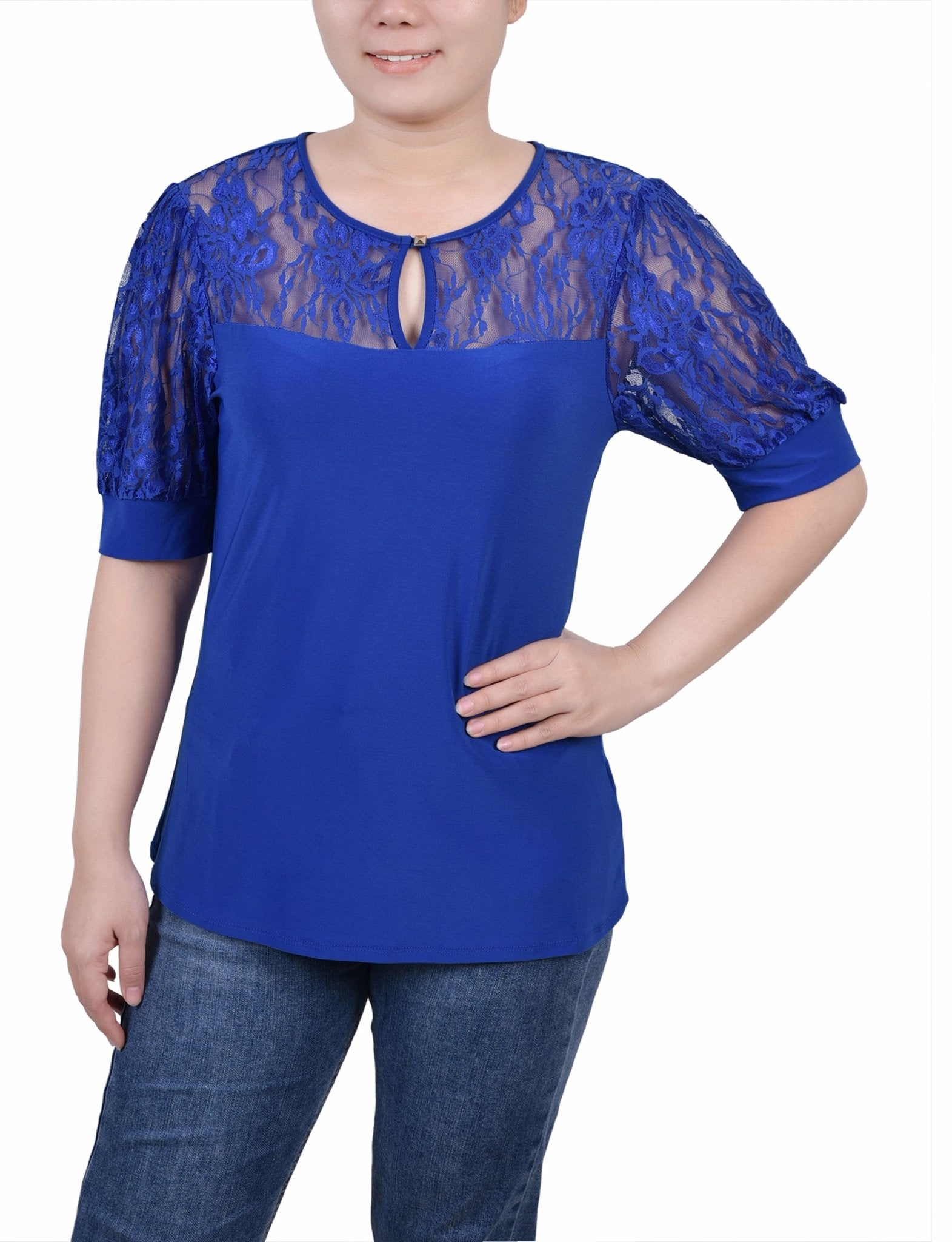Surf The Web Short Puff Sleeve Top With Lace Sleeves And Yoke - DressbarnBlouses