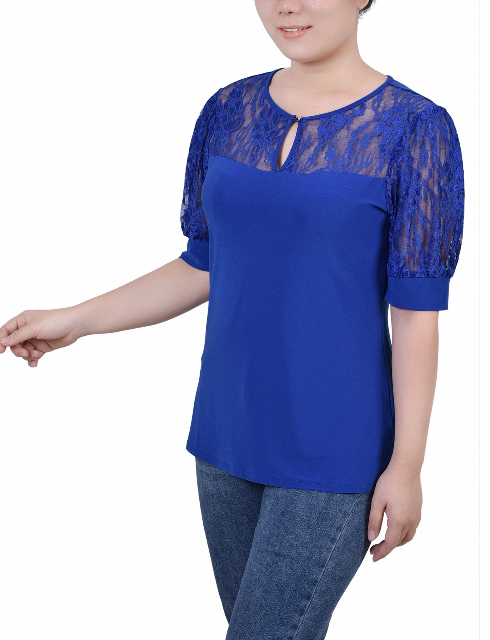 Surf The Web Short Puff Sleeve Top With Lace Sleeves And Yoke - DressbarnBlouses