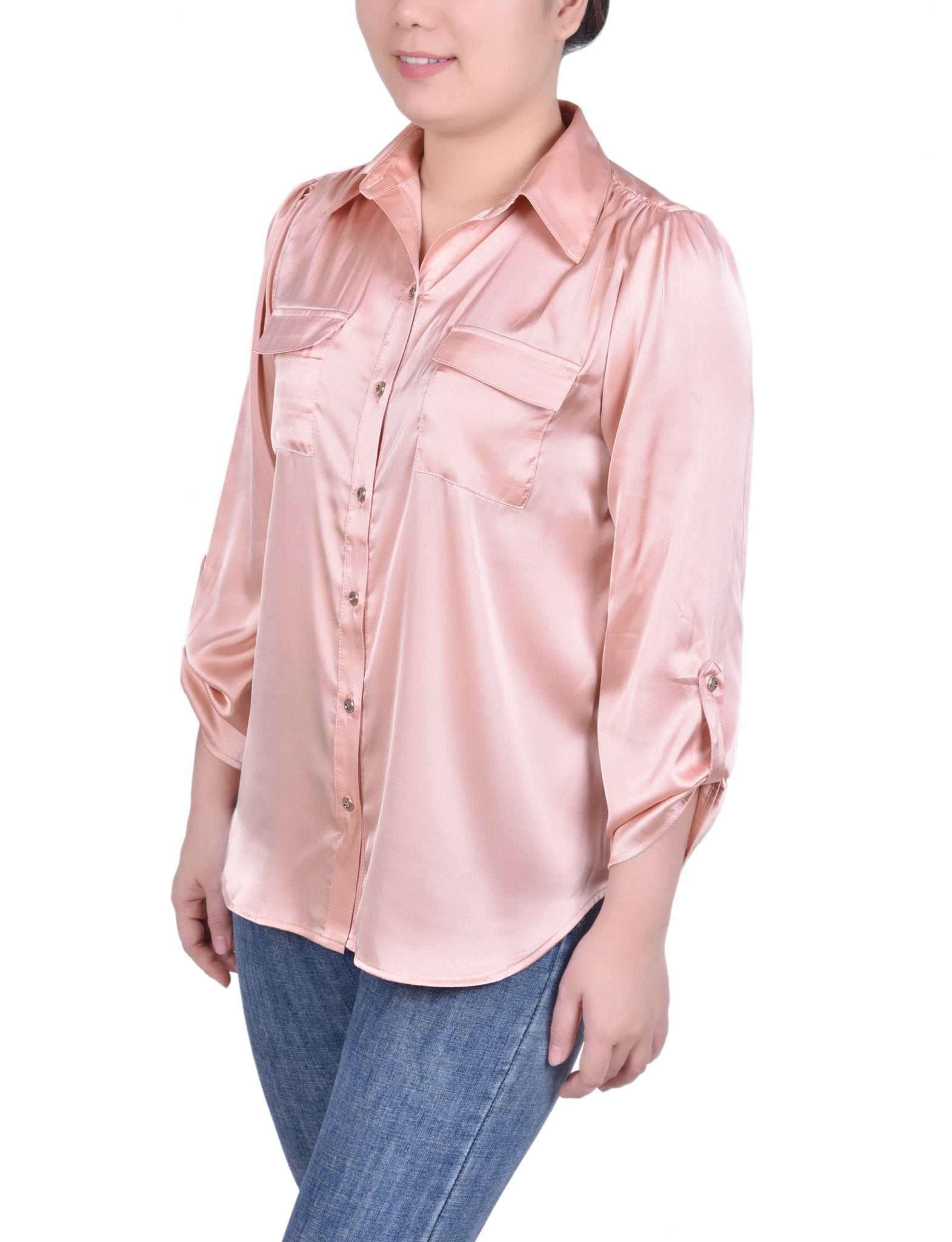 Tabbed Long Sleeve Satin Blouse - Petite - DressbarnShirts & Blouses