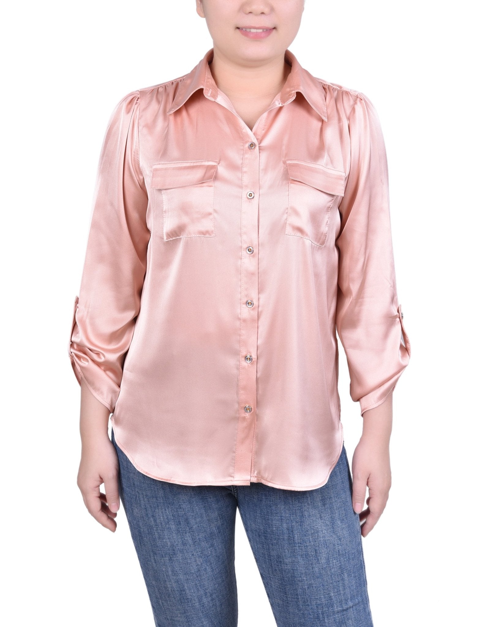 Tabbed Long Sleeve Satin Blouse - Petite - DressbarnShirts & Blouses