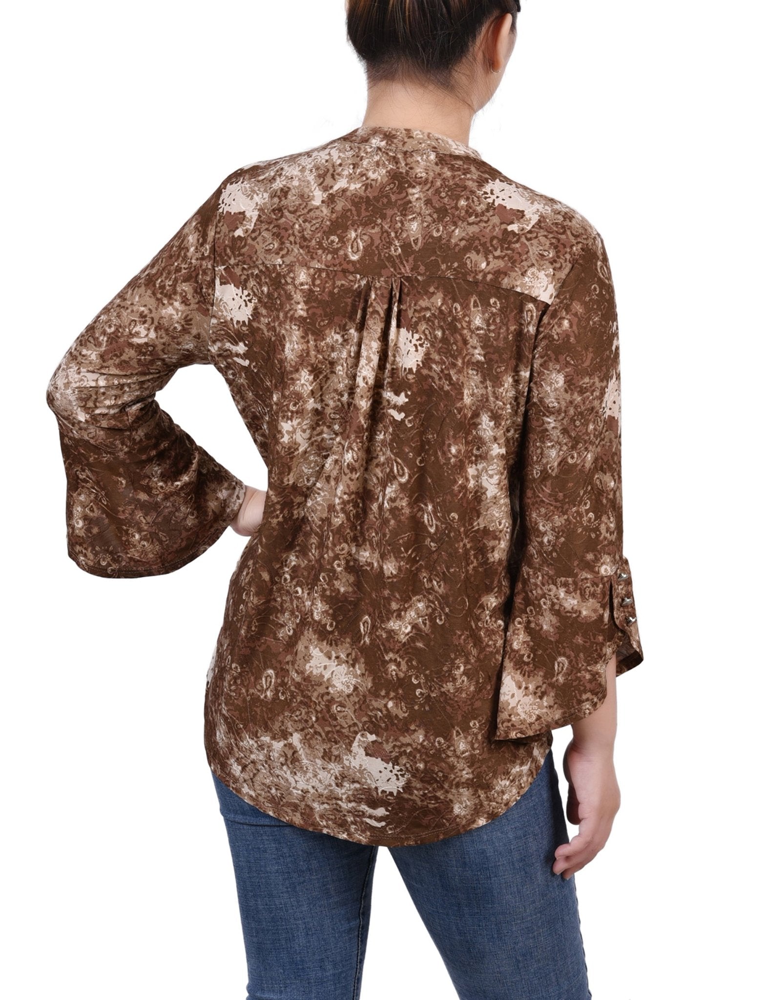 Taupe Geobreeze 3/4 Sleeve Overlapped Bell Sleeve Y Neck Top - Petite - DressbarnBlouses