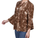 Taupe Geobreeze 3/4 Sleeve Overlapped Bell Sleeve Y Neck Top - Petite - DressbarnBlouses