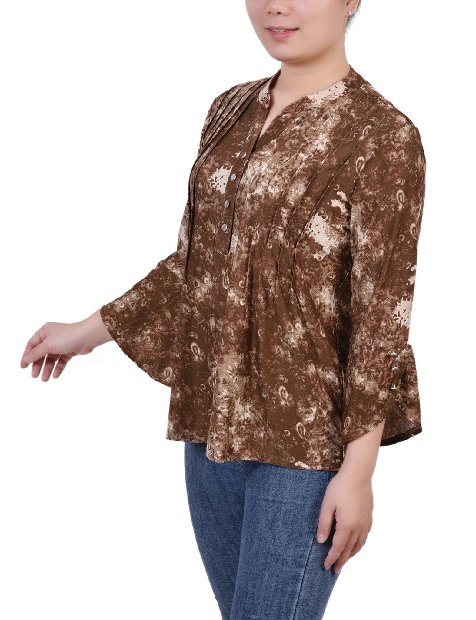 Taupe Geobreeze 3/4 Sleeve Overlapped Bell Sleeve Y Neck Top - Petite - DressbarnBlouses