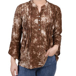 Taupe Geobreeze 3/4 Sleeve Overlapped Bell Sleeve Y Neck Top - Petite - DressbarnBlouses