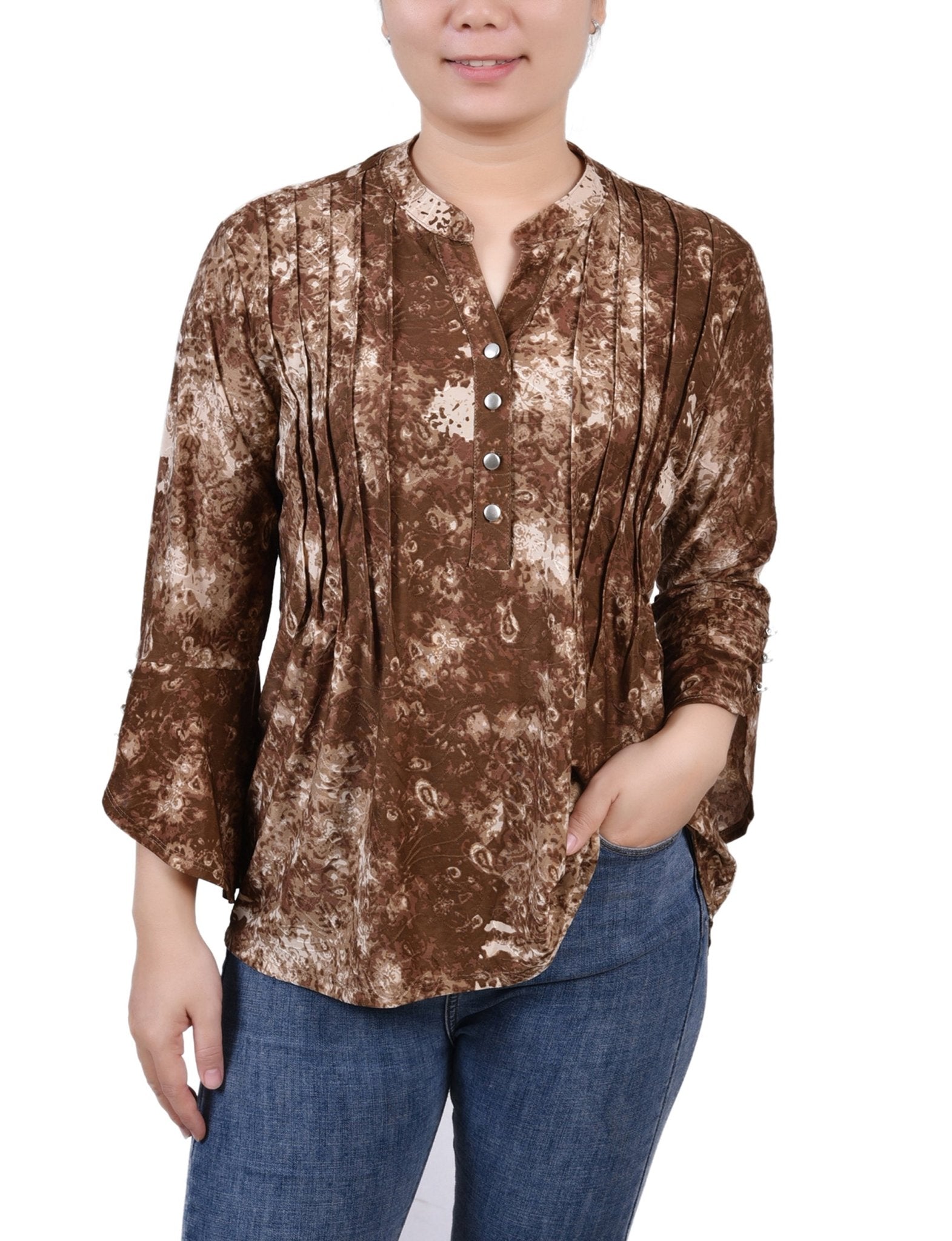 Taupe Geobreeze 3/4 Sleeve Overlapped Bell Sleeve Y Neck Top - Petite - DressbarnBlouses