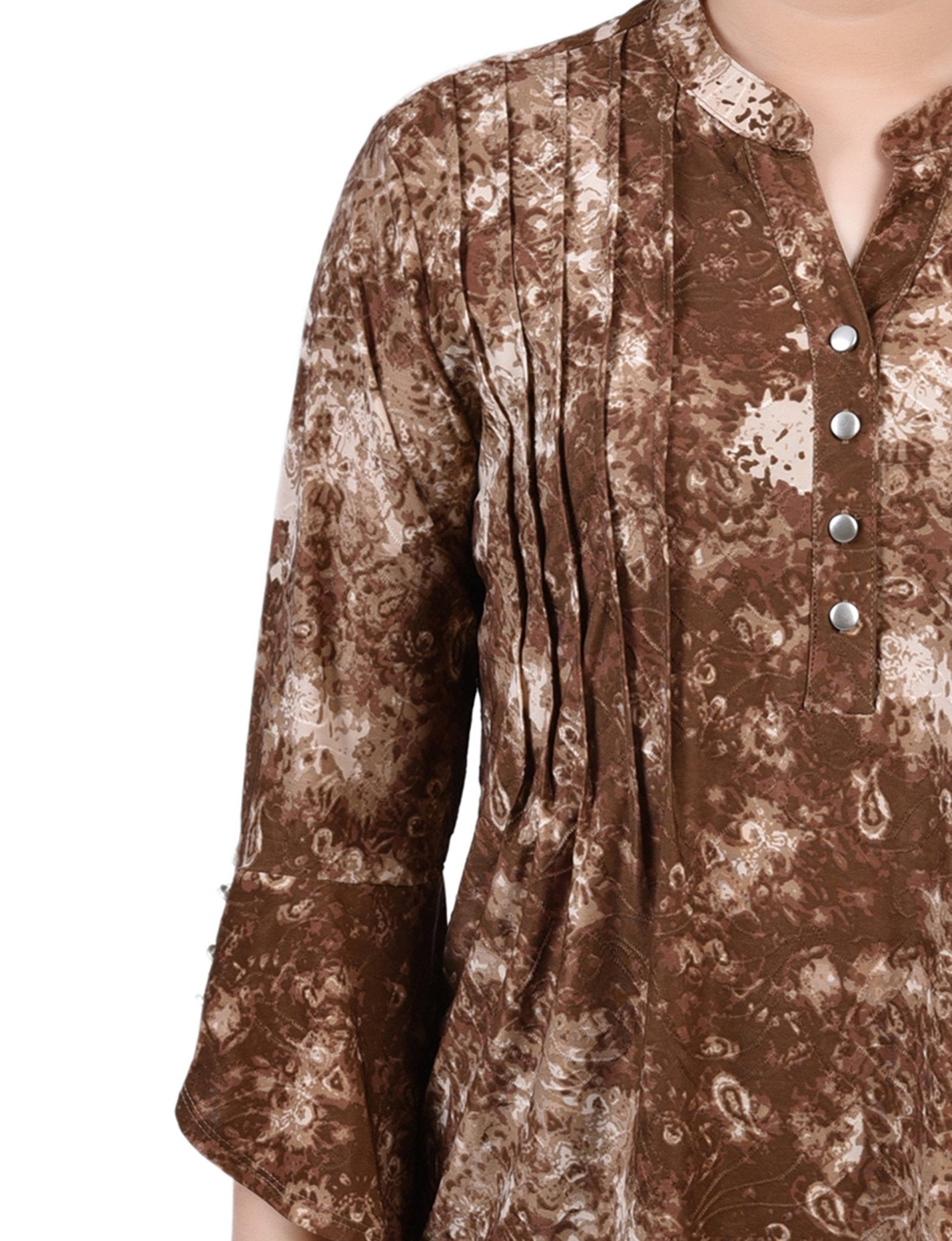 Taupe Geobreeze 3/4 Sleeve Overlapped Bell Sleeve Y Neck Top - Petite - DressbarnBlouses