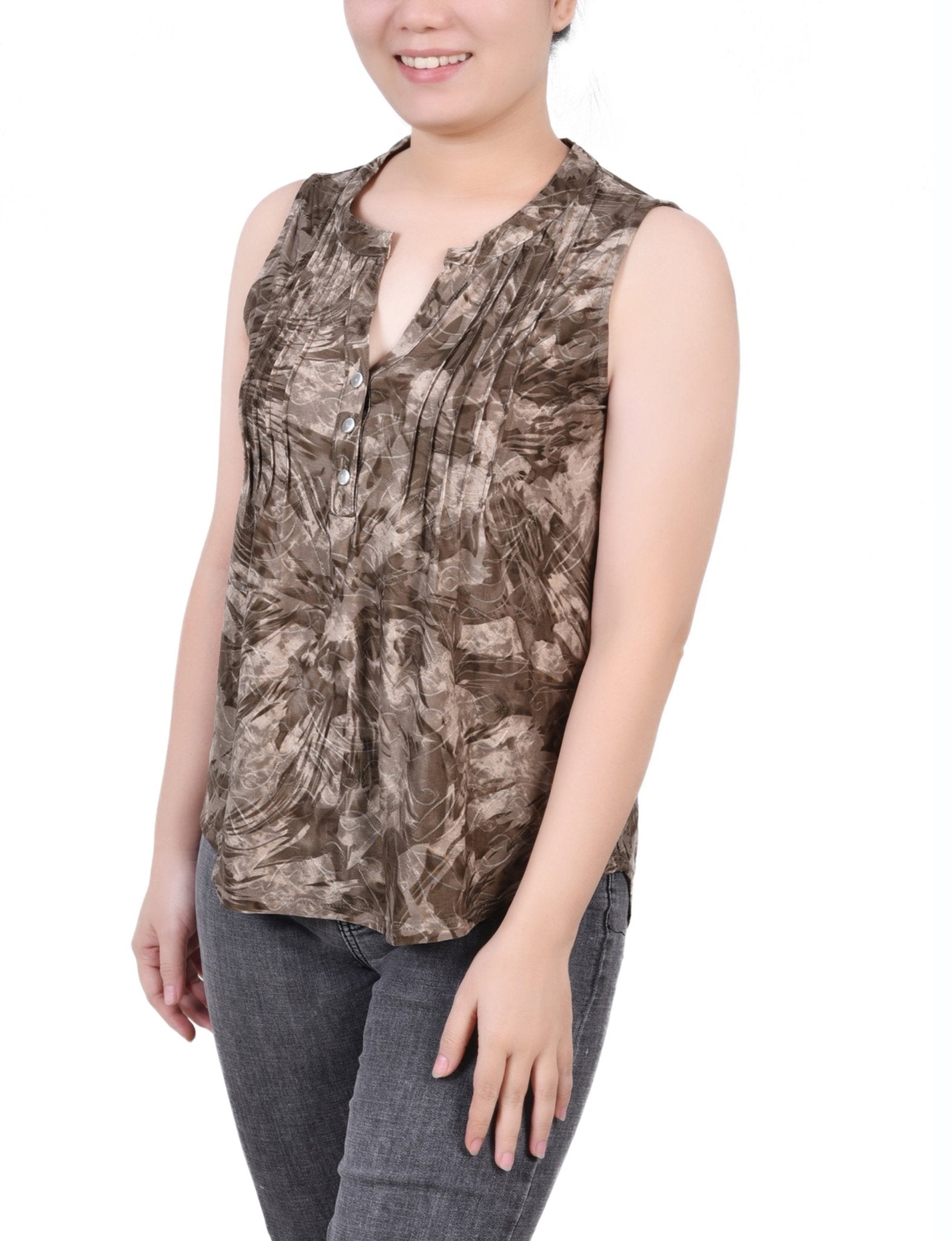 Taupe Jackrain Sleeveless Jacquard Y Neck Top - Petite - DressbarnBlouses