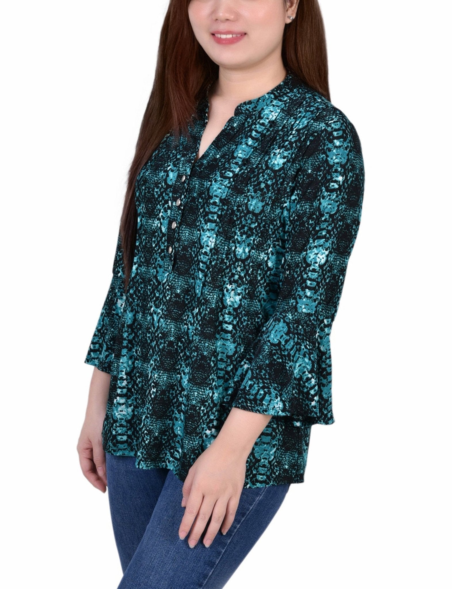 Teal Plaid 3/4 Bell Sleeve Pleat Front Y Neck Top - DressbarnBlouses