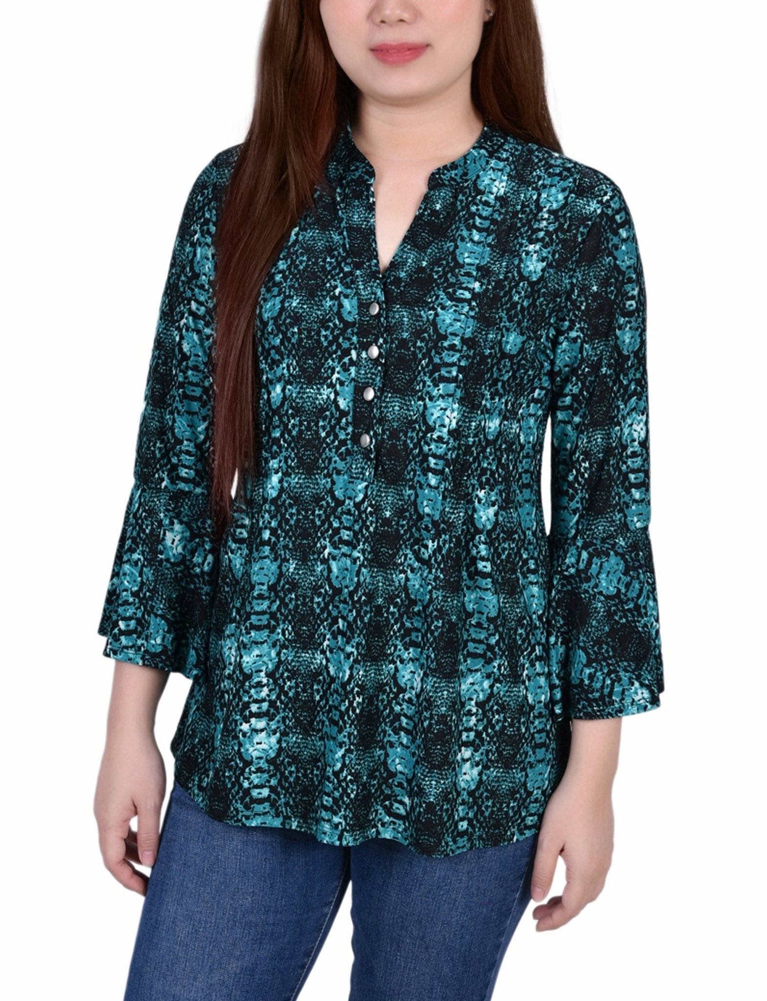 Teal Plaid 3/4 Bell Sleeve Pleat Front Y Neck Top - DressbarnBlouses