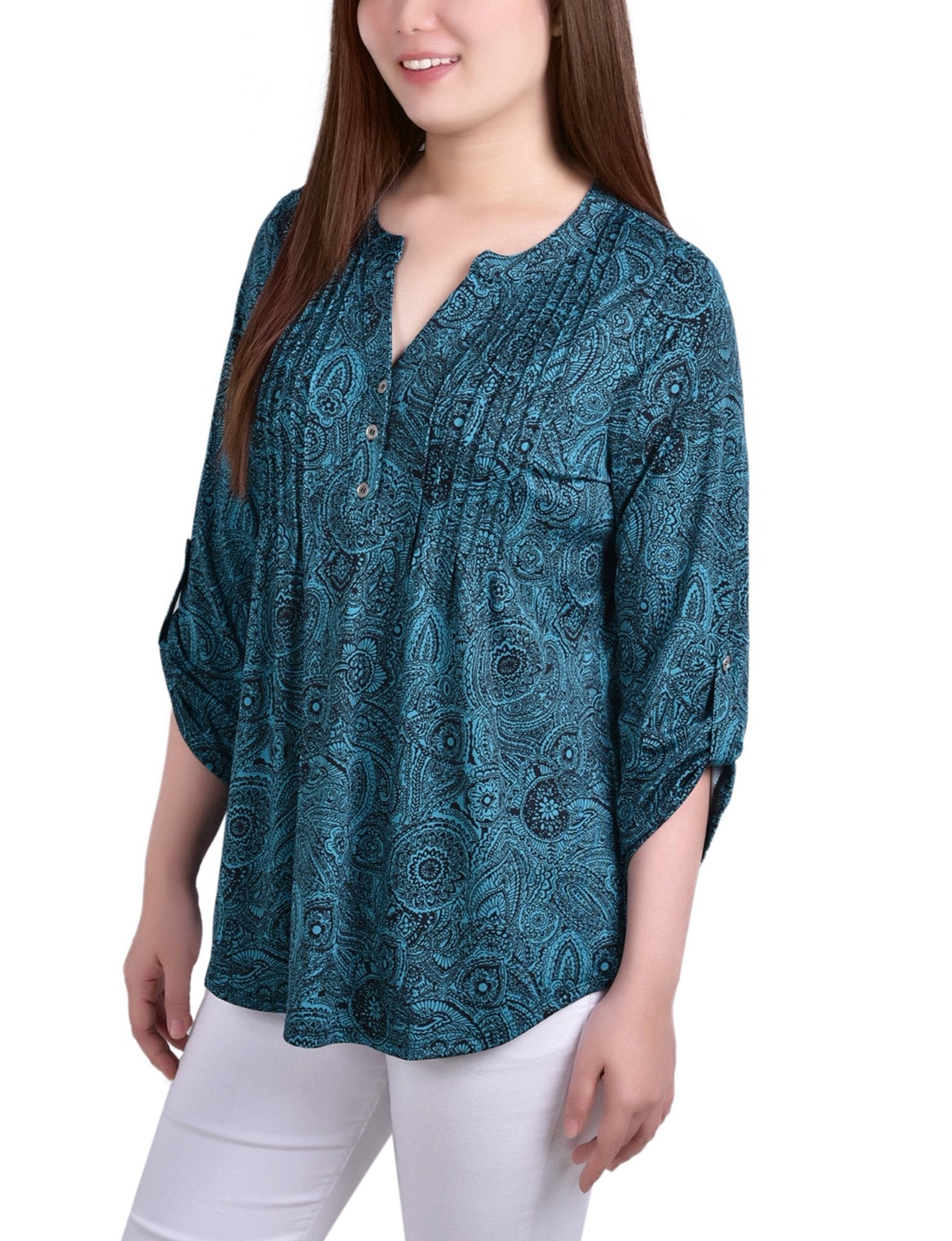 Teal Whisper 3/4 Bell Sleeve Pleat Front Y Neck Top - DressbarnBlouses