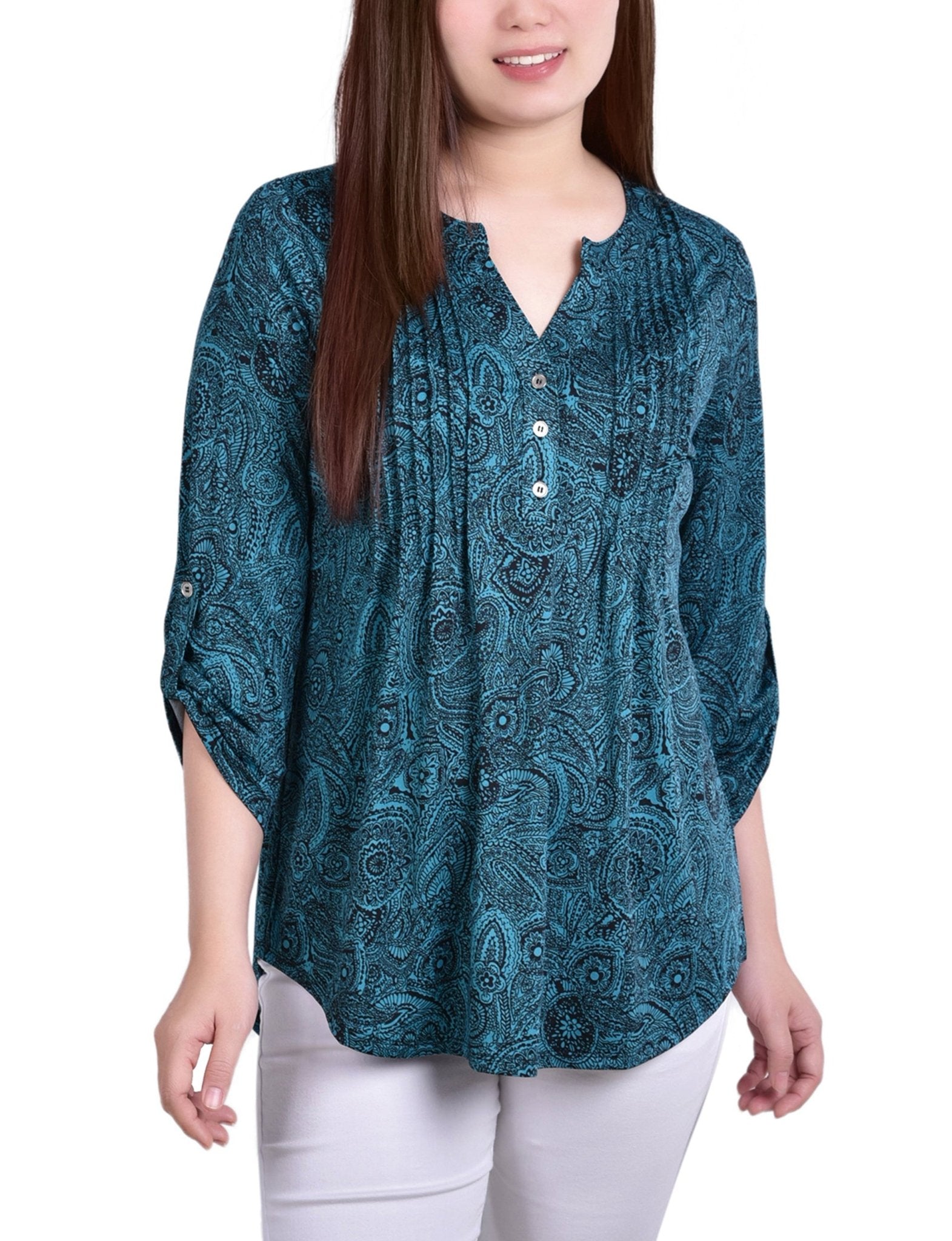 Teal Whisper 3/4 Bell Sleeve Pleat Front Y Neck Top - DressbarnBlouses