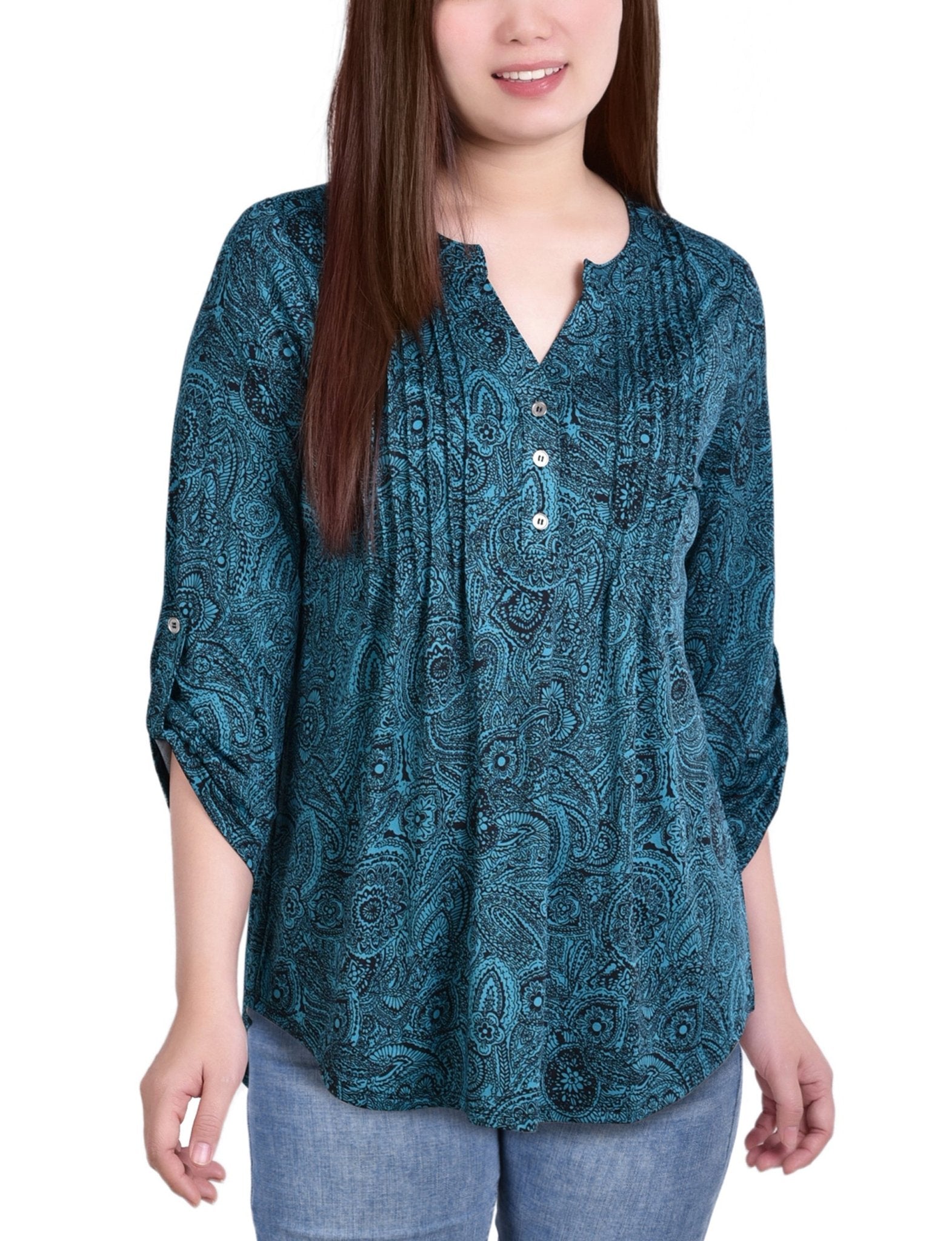 Teal Whisper 3/4 Bell Sleeve Pleat Front Y Neck Top - Petite - DressbarnBlouses
