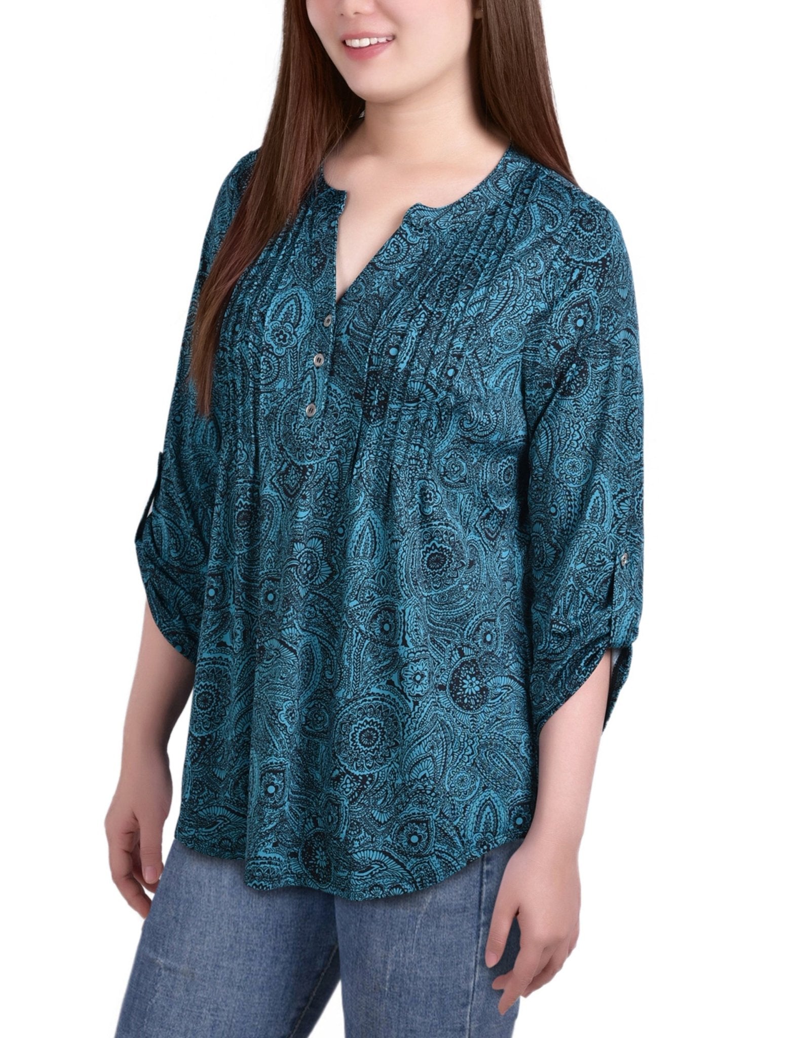 Teal Whisper 3/4 Bell Sleeve Pleat Front Y Neck Top - Petite - DressbarnBlouses