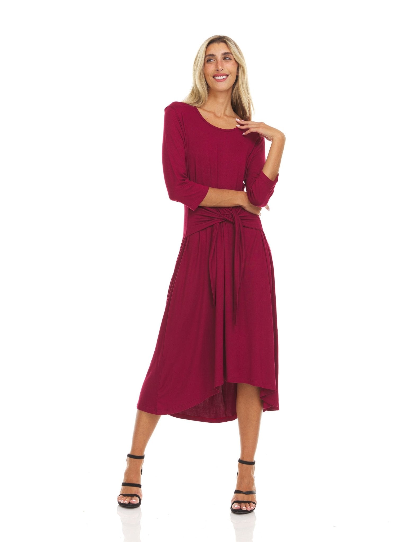 Three Quarter Sleeves Solid Colors Scoop Neck Midi Dress With Self Tie