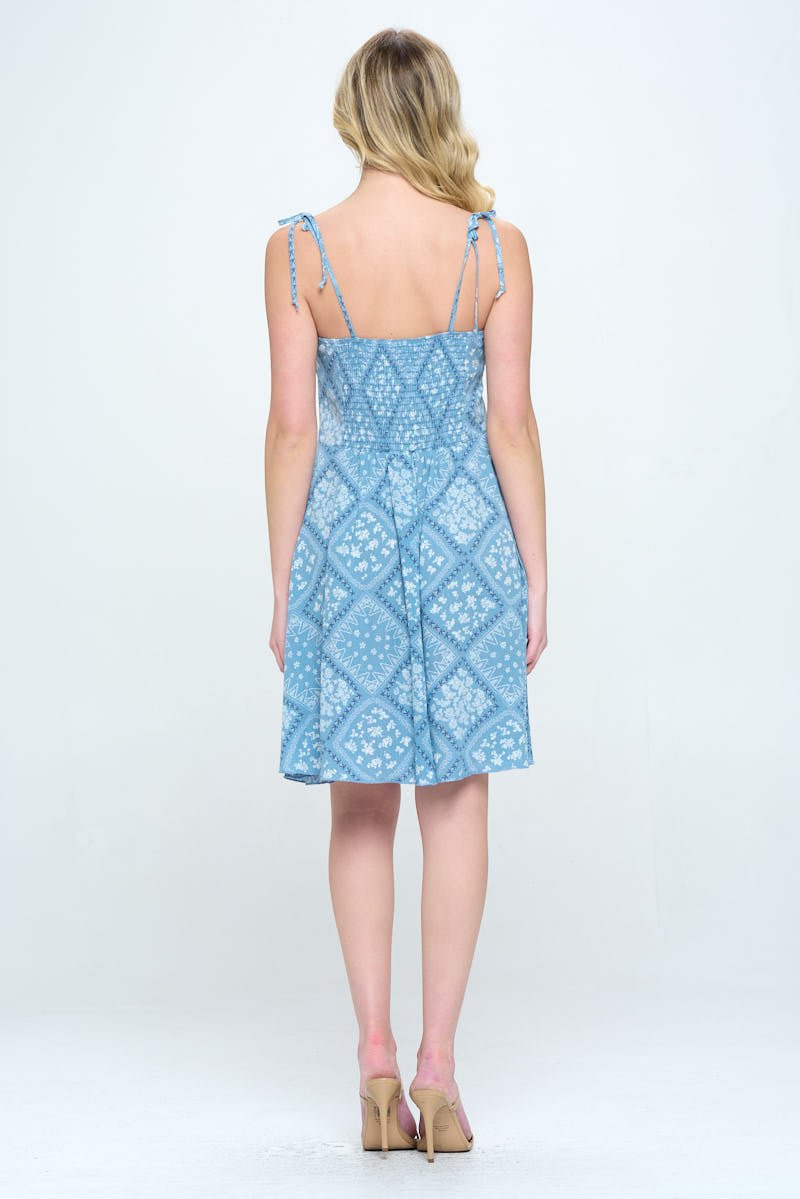 Tie shoulder smock back A-Line midi dress with bandana printed - DressbarnDresses