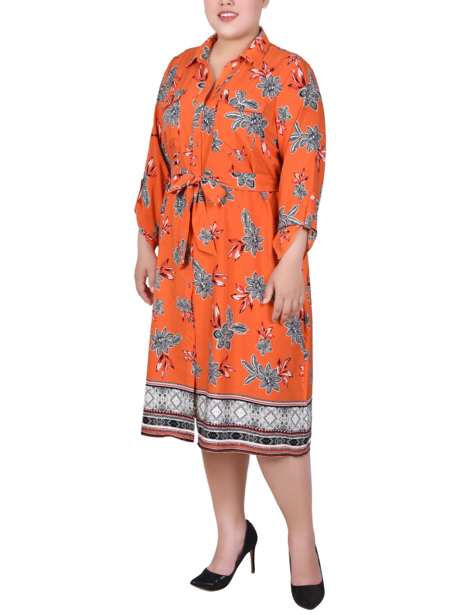 Tiger Romegarden 3/4 Roll Tab Sleeve Belted Shirtdress - Plus - DressbarnKnee Length & Midi Dresses