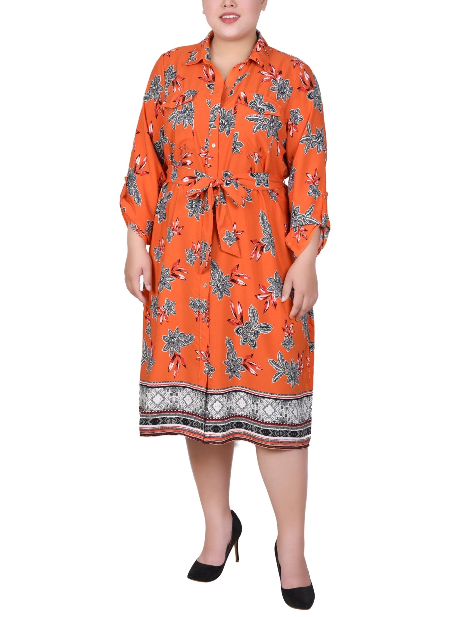 Tiger Romegarden 3/4 Roll Tab Sleeve Belted Shirtdress - Plus - DressbarnKnee Length & Midi Dresses