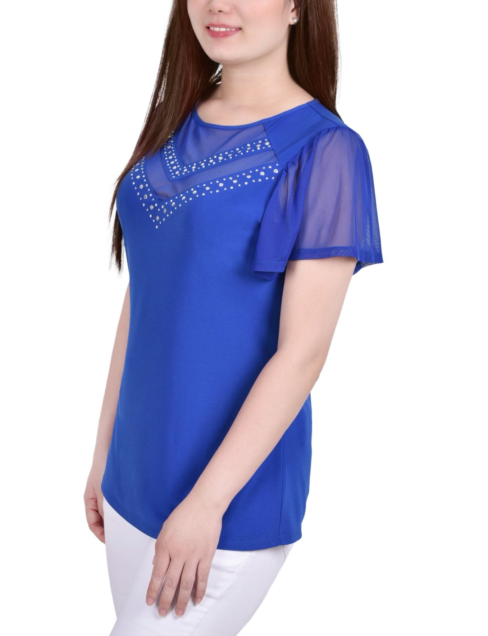 Victoria Blue Studded Short Flutter Sleeve Top With Mesh Details - Petite - DressbarnBlouses