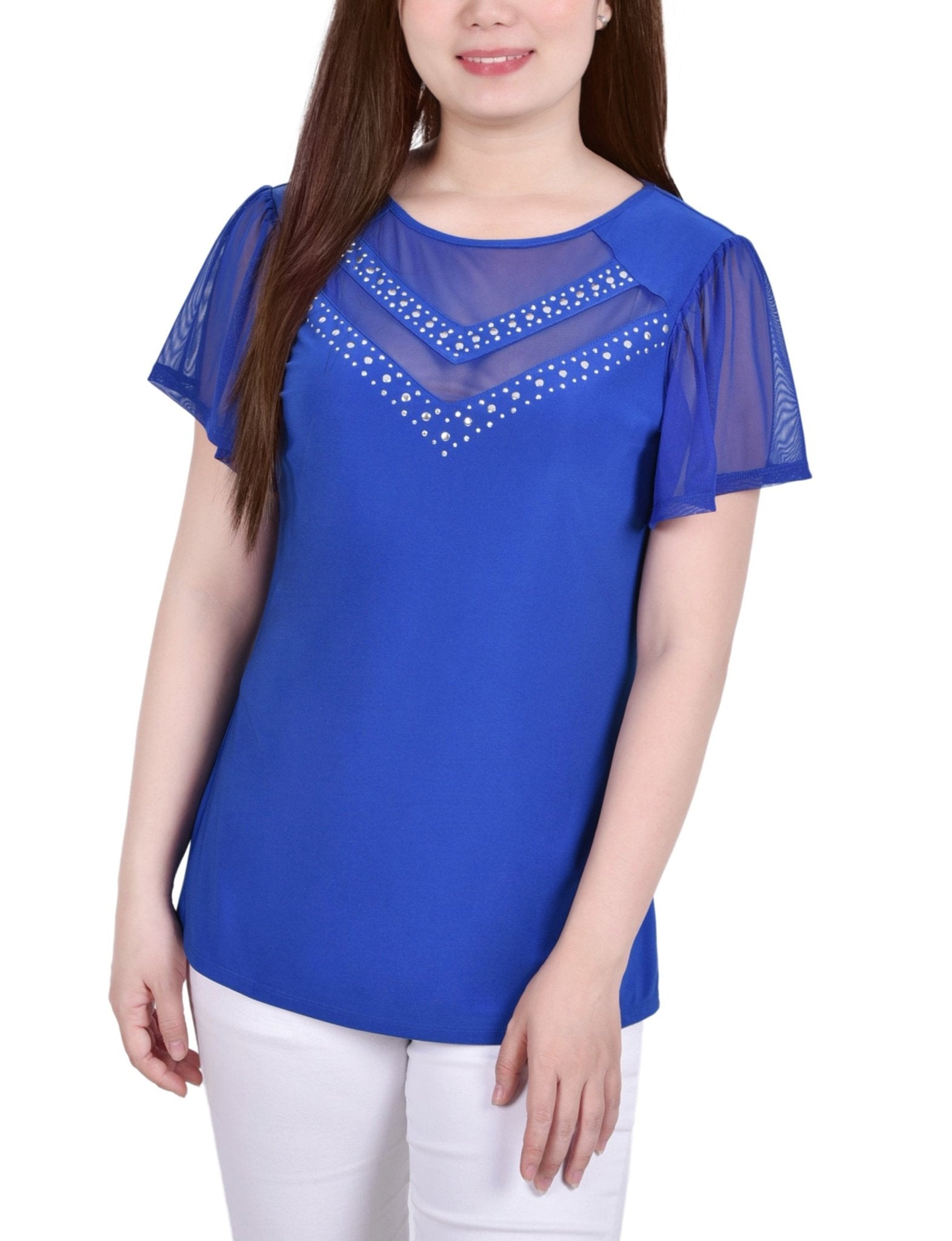 Victoria Blue Studded Short Flutter Sleeve Top With Mesh Details - Petite - DressbarnBlouses
