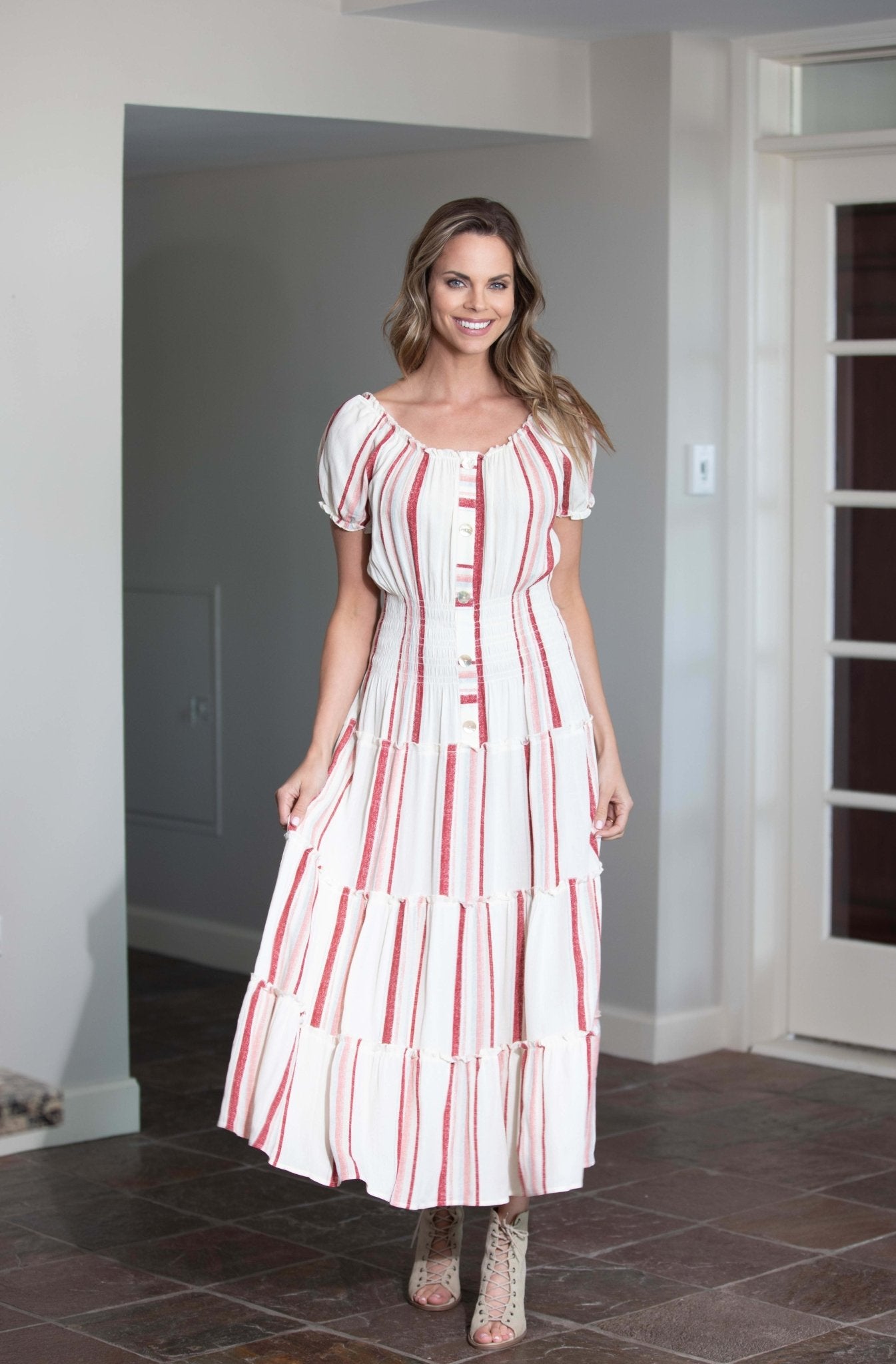 Vienna Stripe Maxi Peasant Dress - DressbarnClothing
