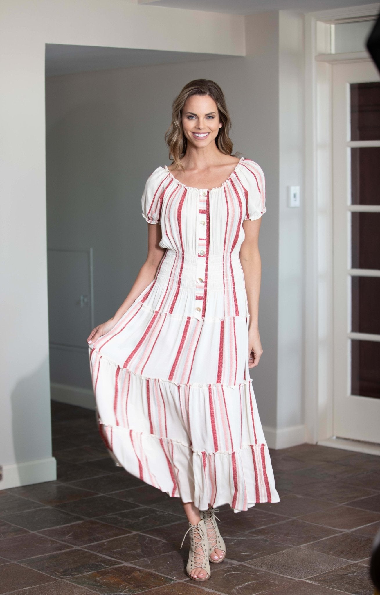 Vienna Stripe Maxi Peasant Dress - DressbarnClothing