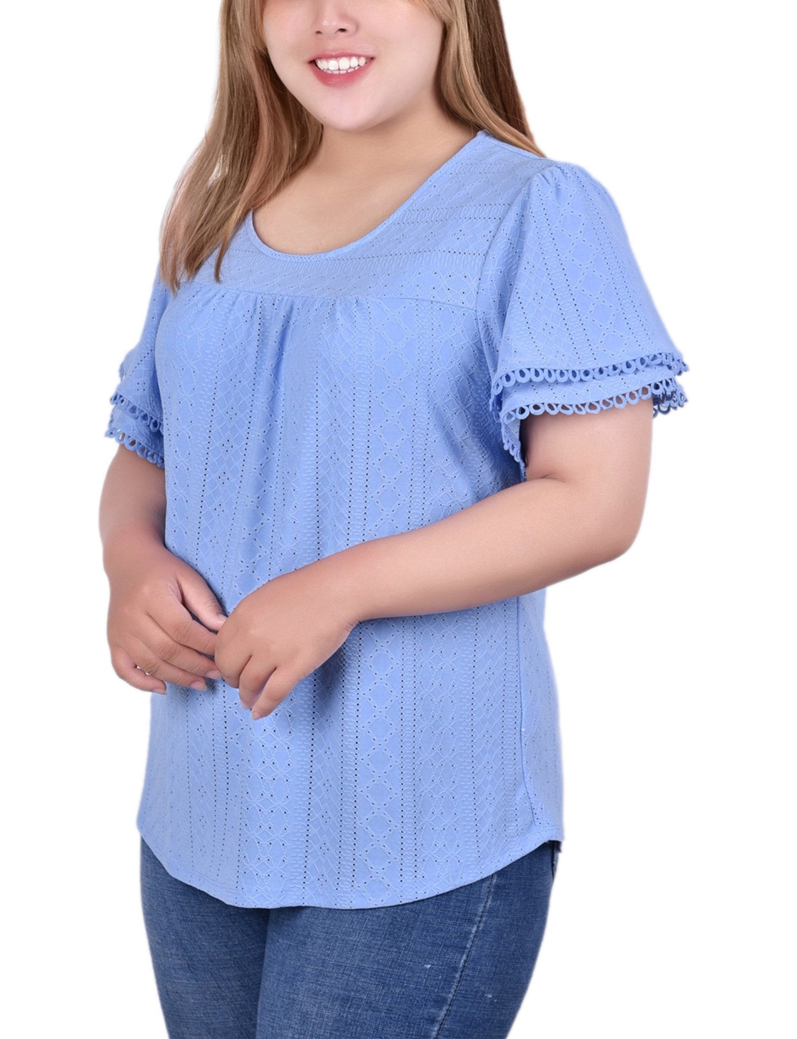 Vista Blue Knit Eyelet Top With Double Sleeve - Plus - DressbarnBlouses