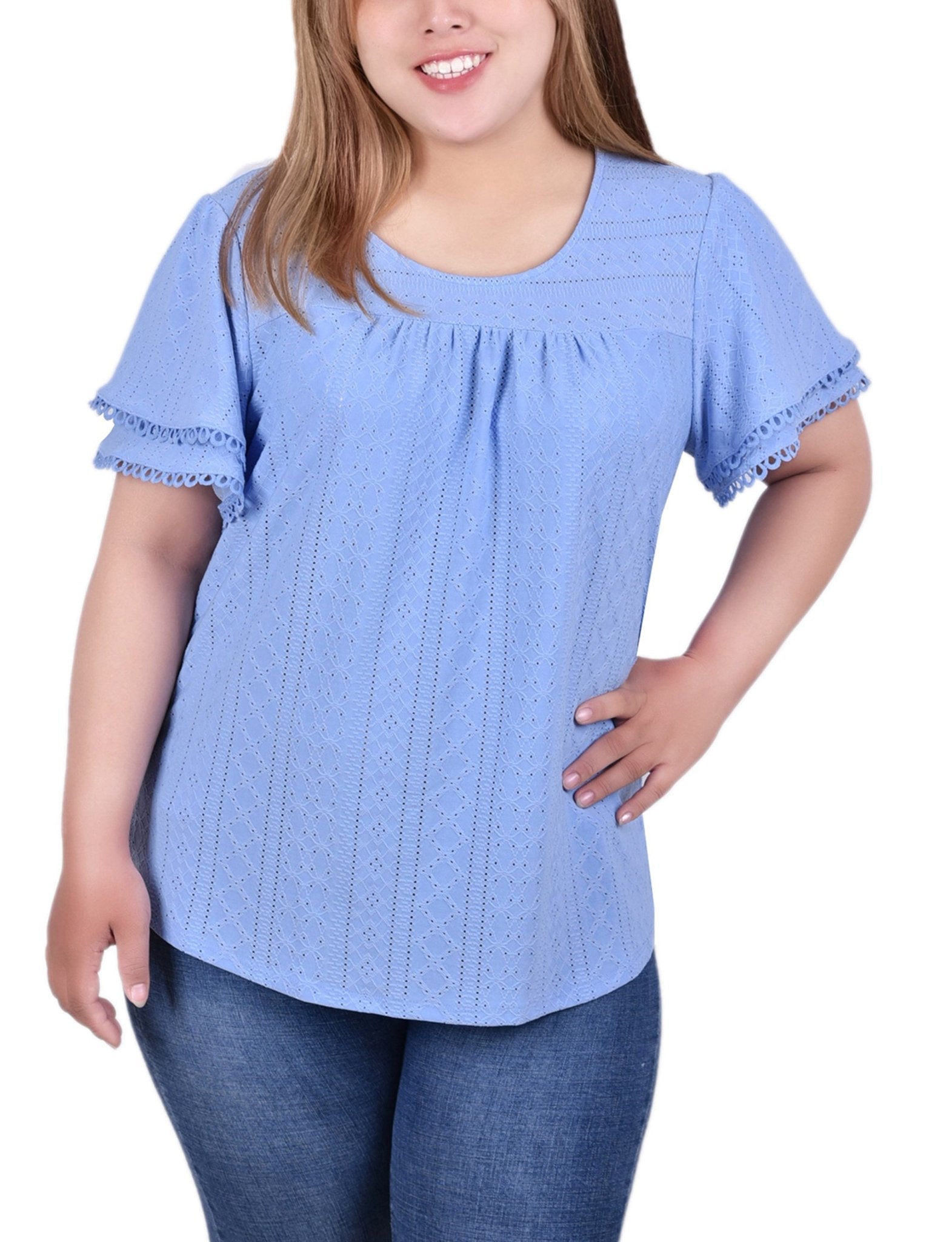 Vista Blue Knit Eyelet Top With Double Sleeve - Plus - DressbarnBlouses