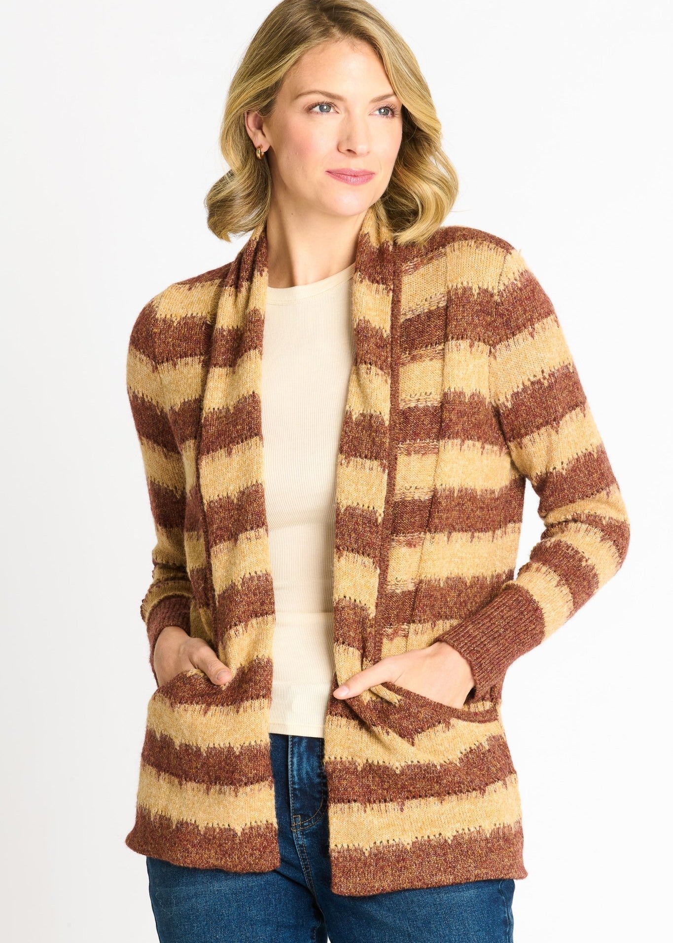 Wave Stripe J - Pocket Cardigan Sweater, Caramel Heather - DressbarnCardigans & Completers