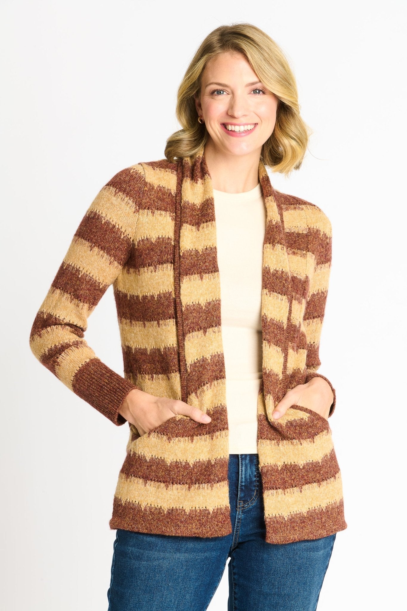 Wave Stripe J - Pocket Cardigan Sweater, Caramel Heather - DressbarnCardigans & Completers