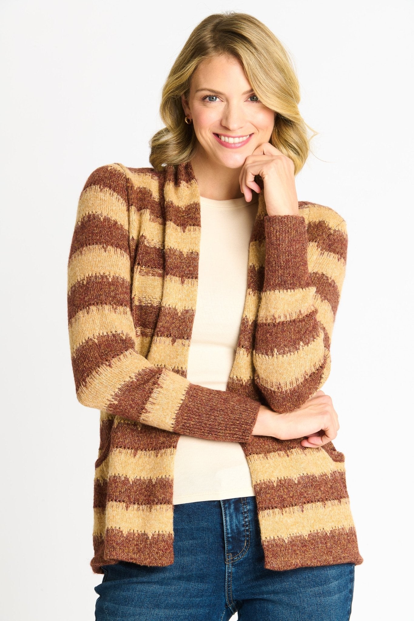 Wave Stripe J - Pocket Cardigan Sweater, Caramel Heather - DressbarnCardigans & Completers