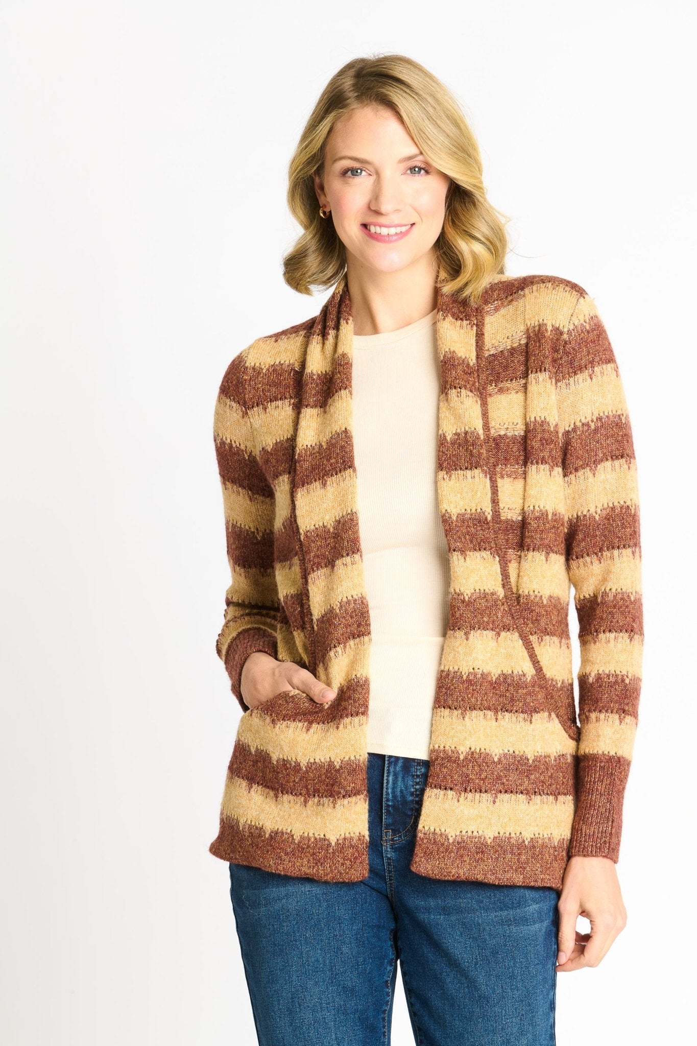 Wave Stripe J - Pocket Cardigan Sweater, Caramel Heather - DressbarnCardigans & Completers