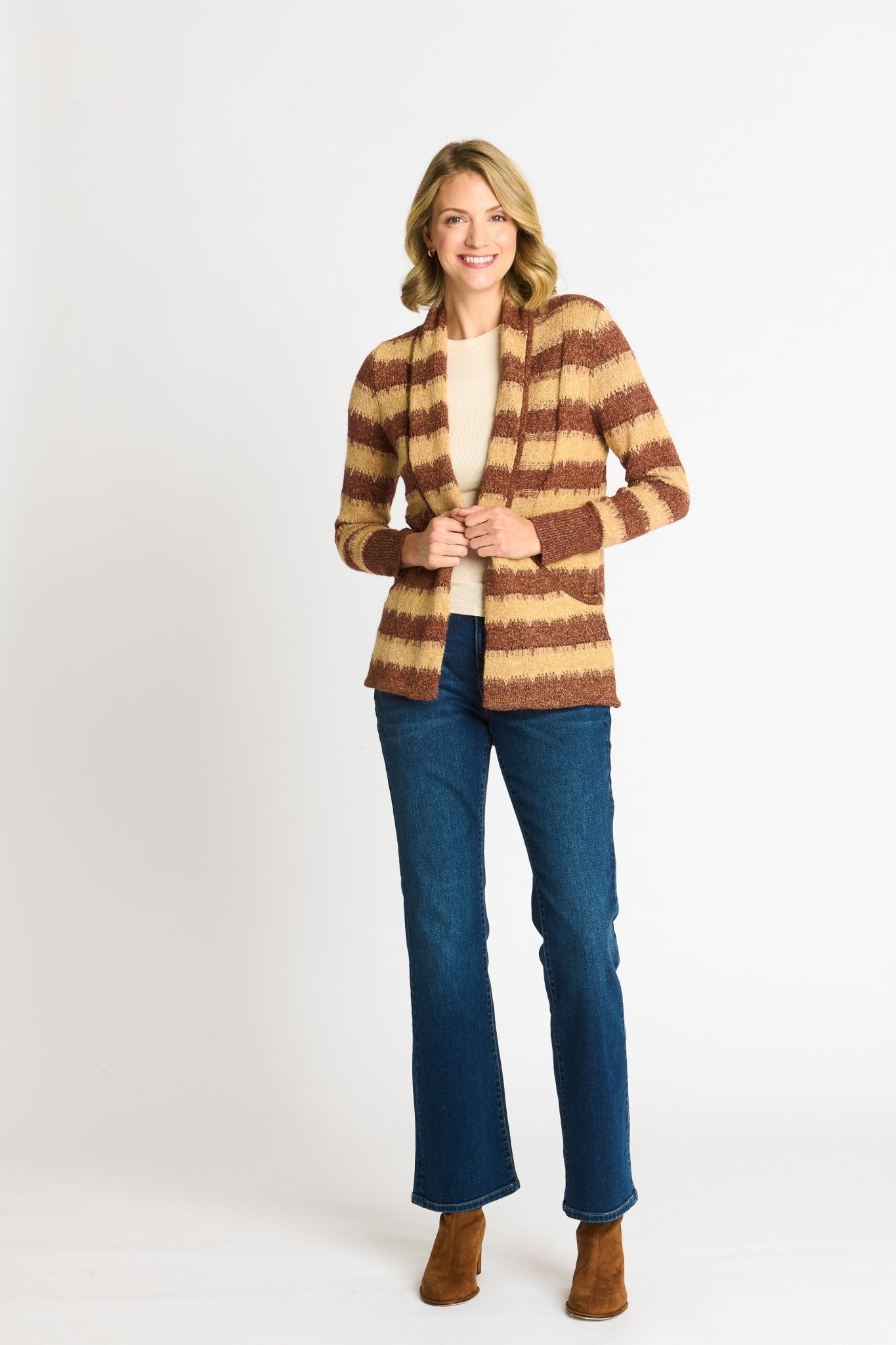 Wave Stripe J - Pocket Cardigan Sweater, Caramel Heather - DressbarnCardigans & Completers