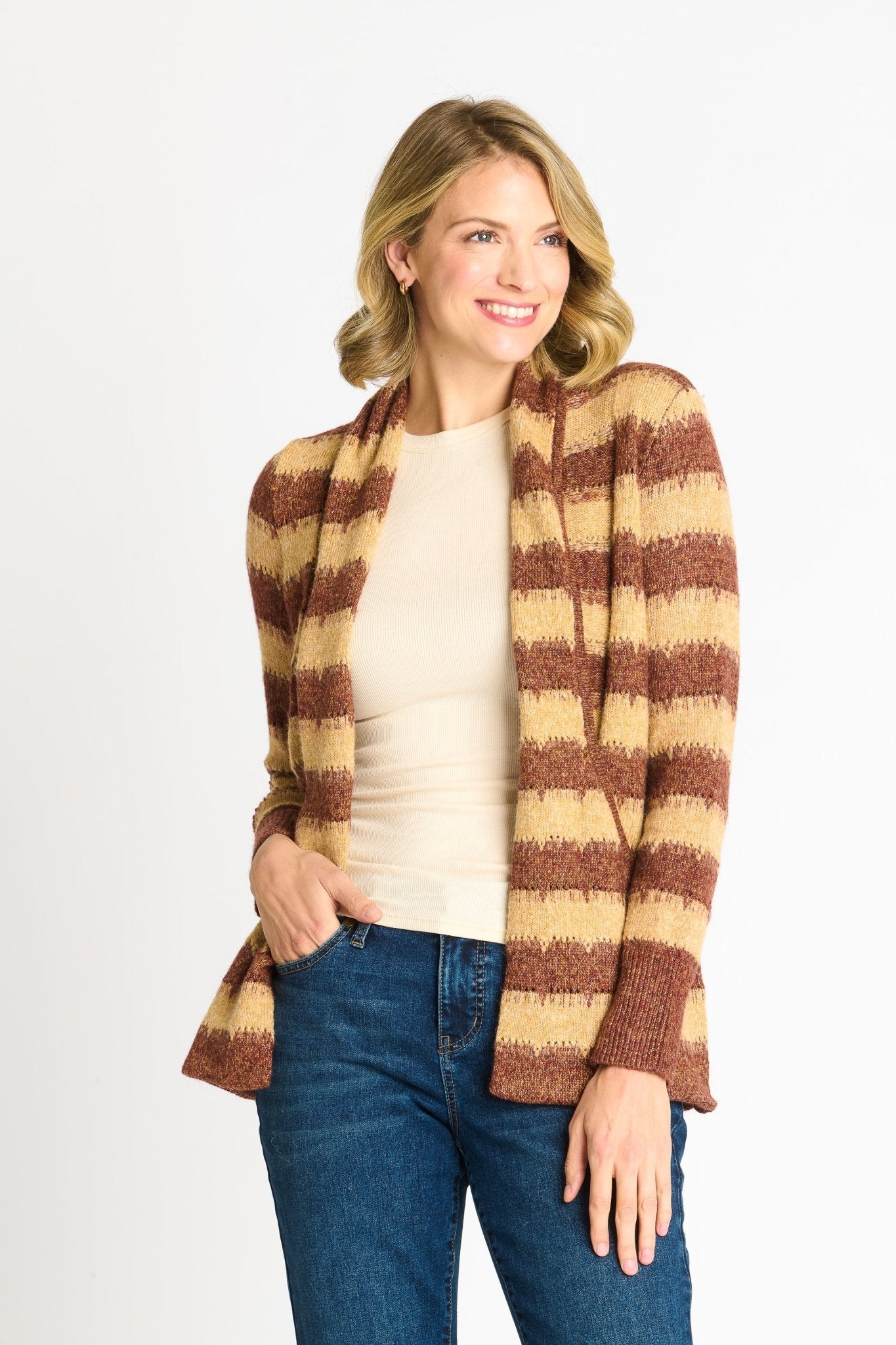 Wave Stripe J - Pocket Cardigan Sweater, Caramel Heather - DressbarnCardigans & Completers